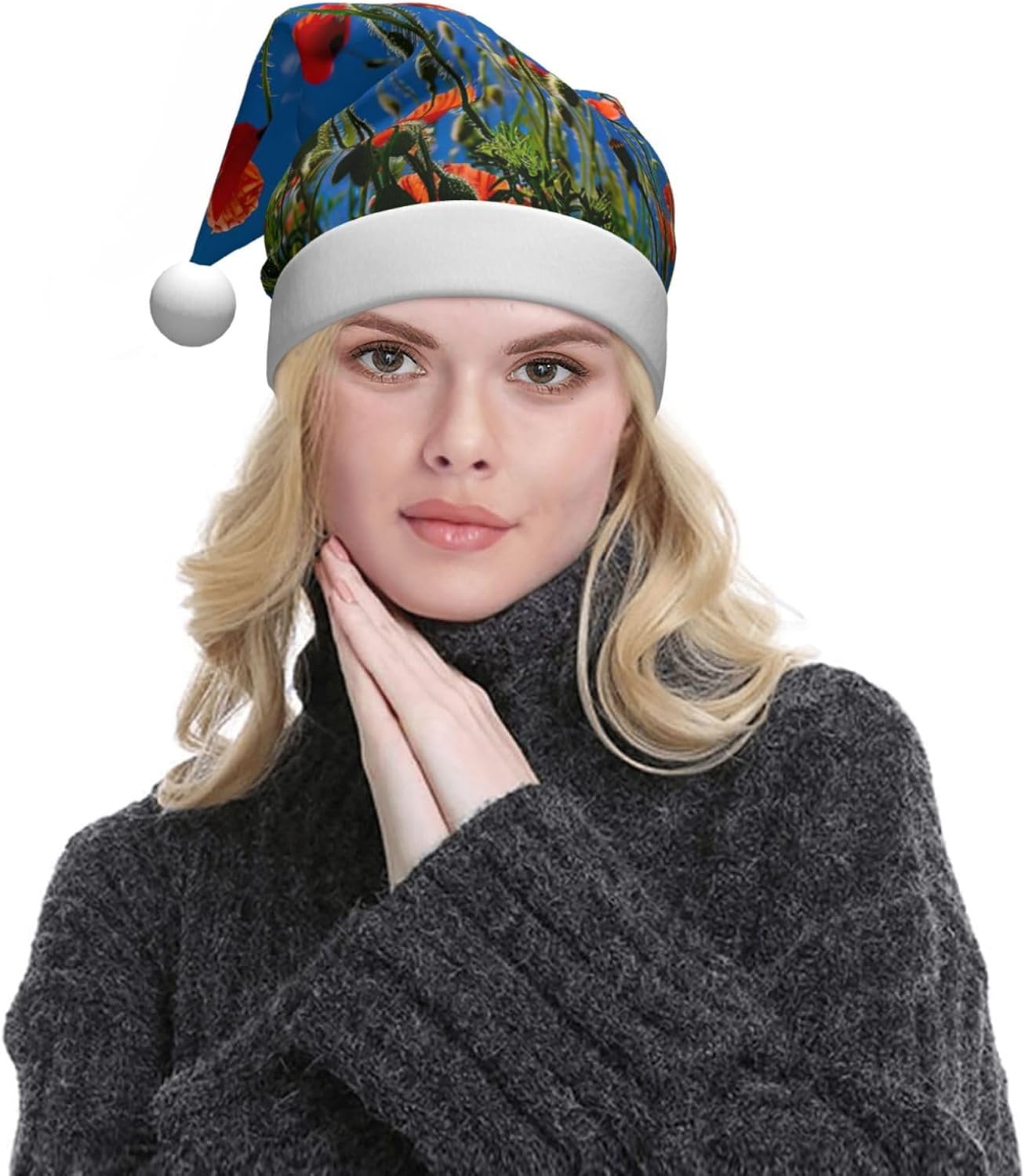 Poppies on Blue Sky Print Christmas Santa Hat Plush