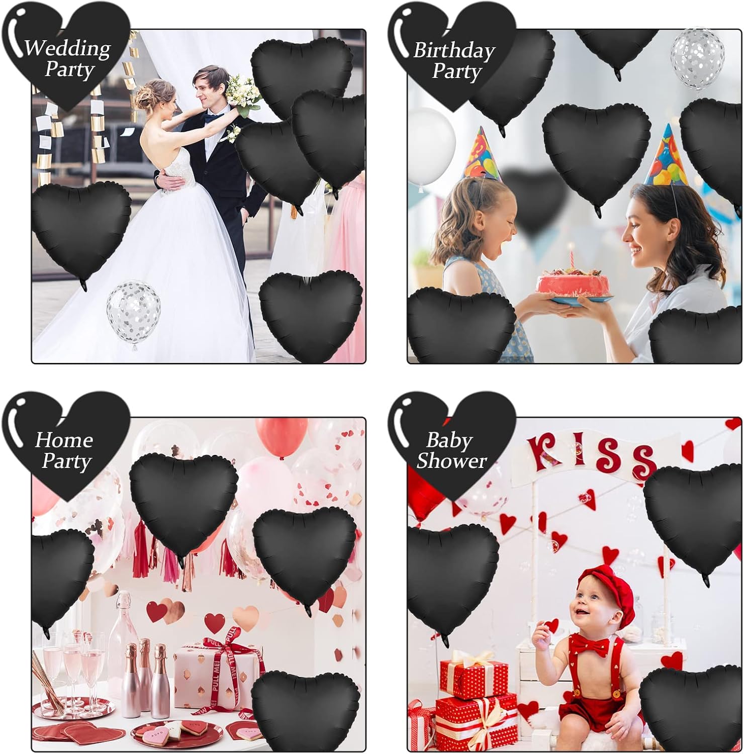 Black Foil Heart Balloons - 10x18 Inch for Valentines Day Wedding Birthday
