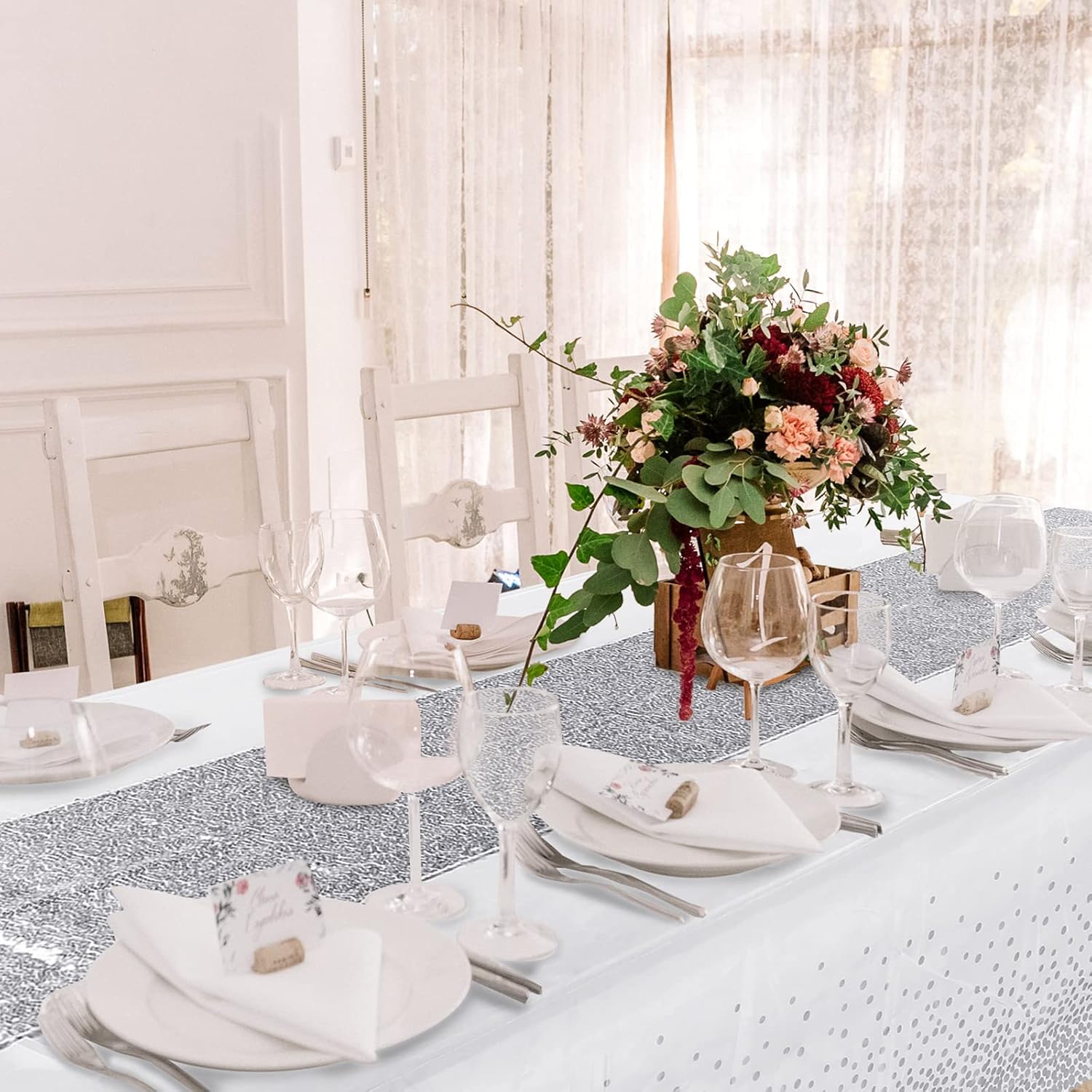 Irenare Tablecloth and Sequin Table Runner Set with Polka Dots and Glitter