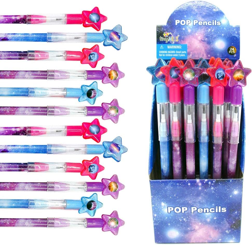 Tiny Mills 24 Pcs Galaxy Outer Space Stackable Pencil with Eraser