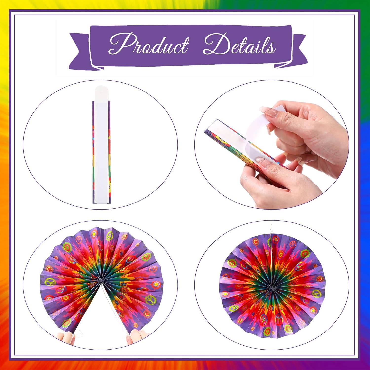 Outus 9 Pcs Tie Dye Party Fans Decorations