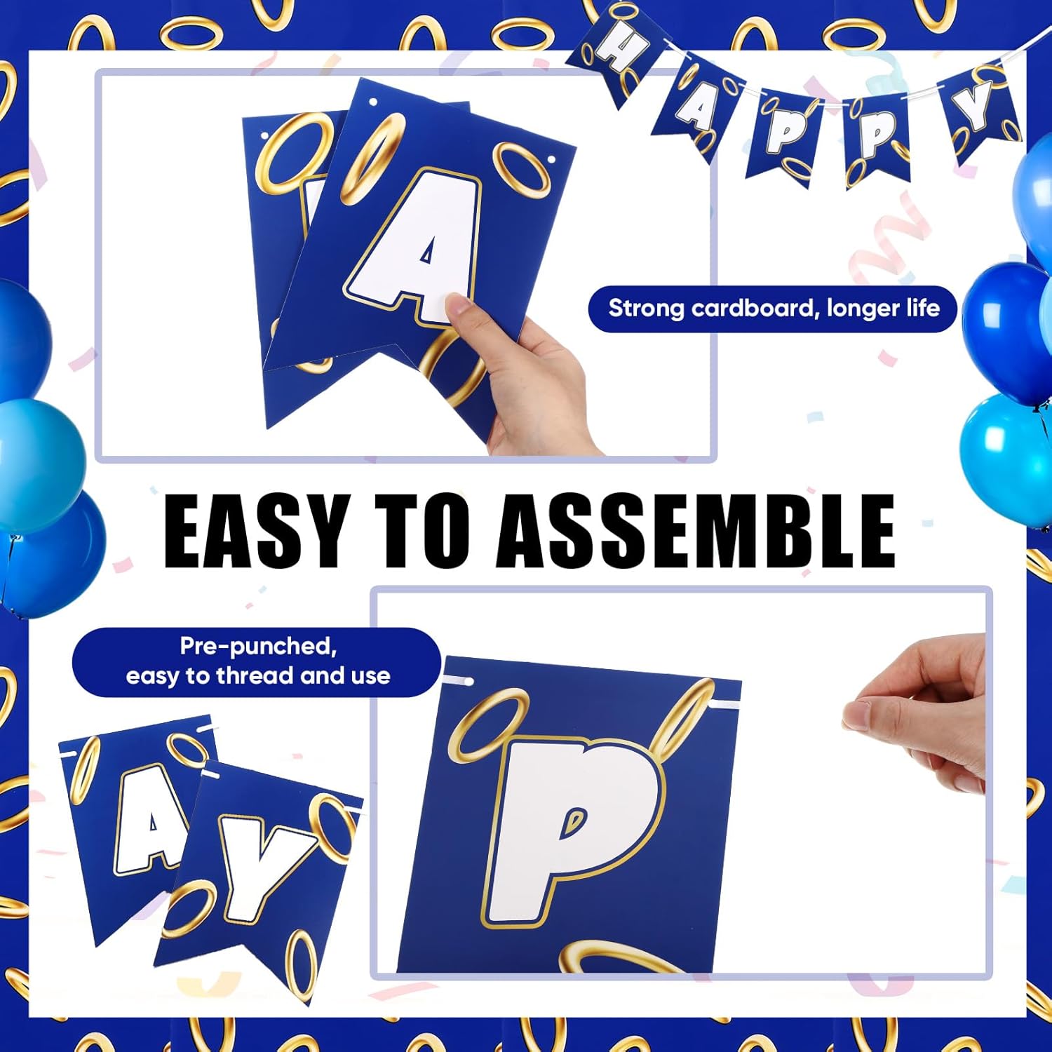 Blue Golden Birthday Party Decorations Banner