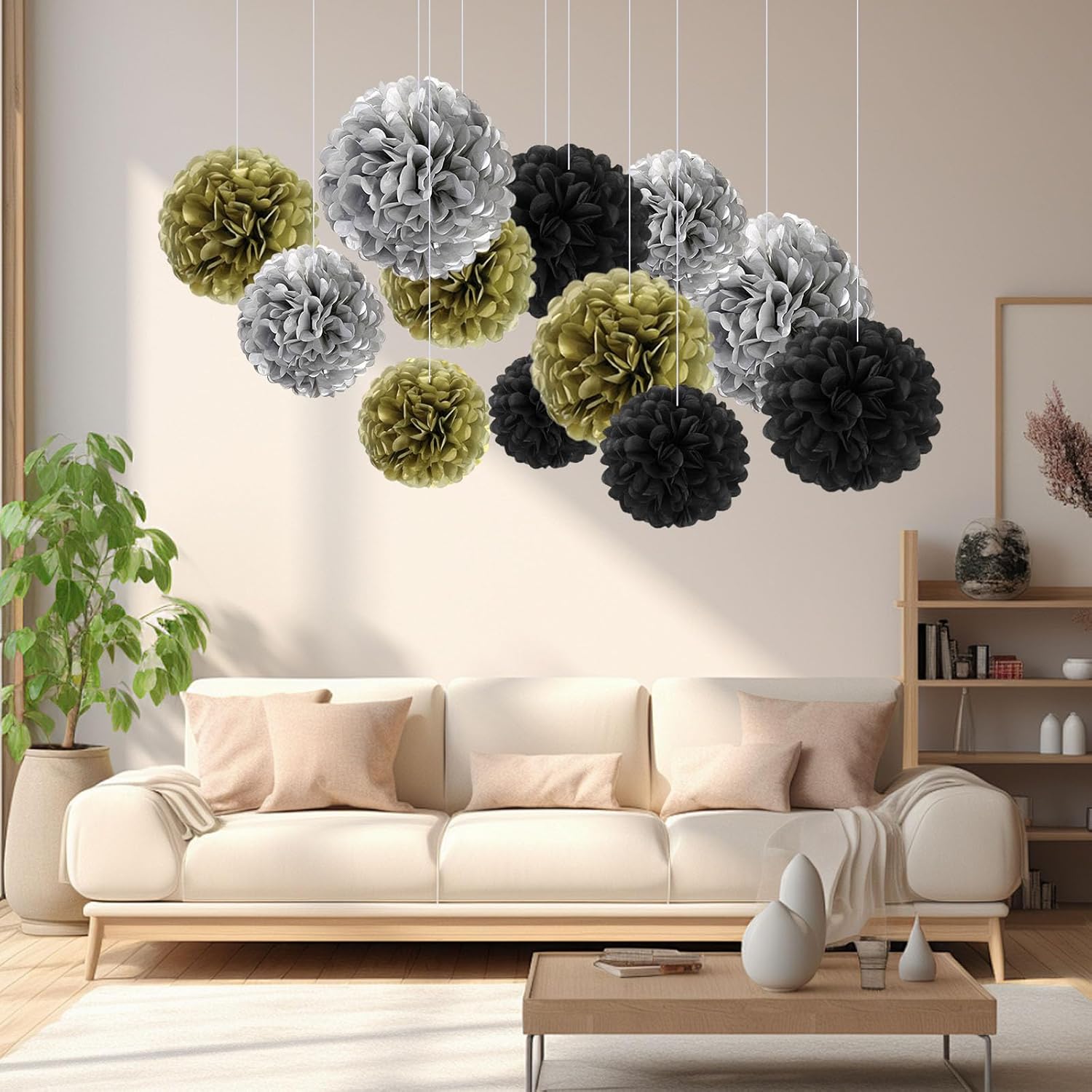 18 PCS Tissue Paper Pom Poms Decor Black Gold Silver
