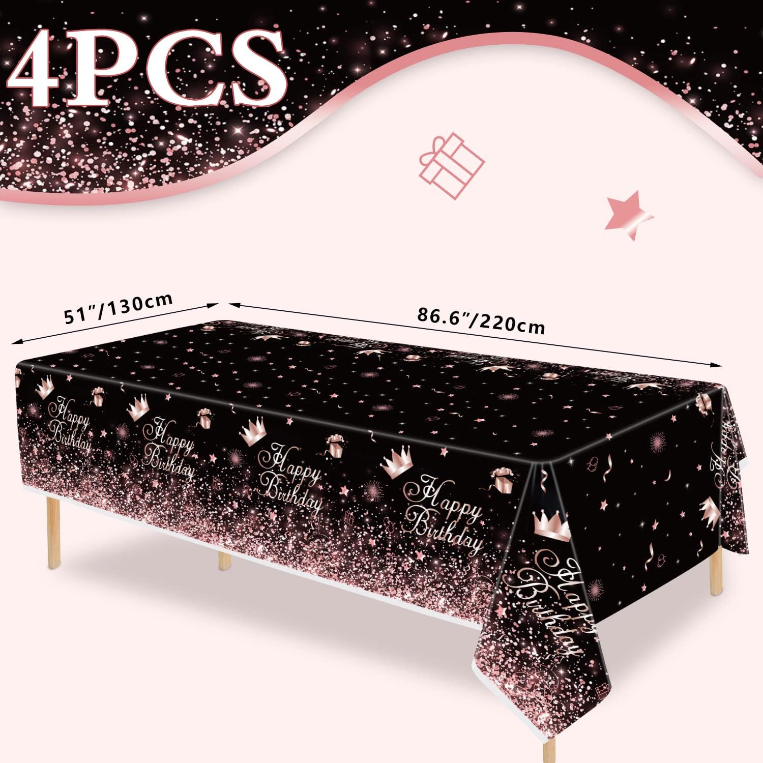 Black Rose Gold Tablecloth Pack of 4 for Birthday Party