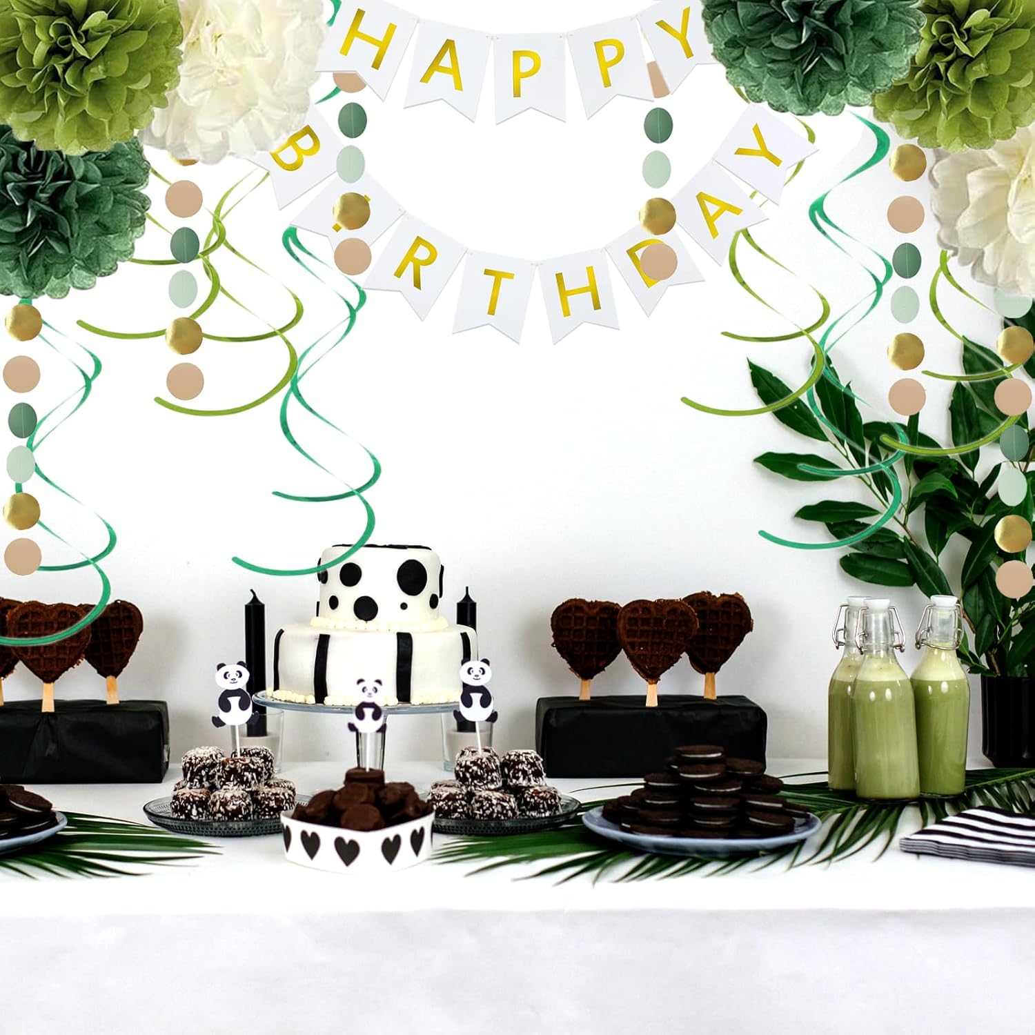 Sage Green Birthday Decor Set with Pom Poms and Banner