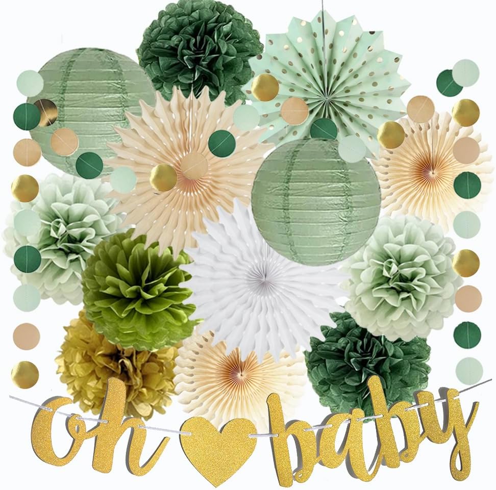 Sage Green Baby Shower Decorations with Gold and Olive Accents