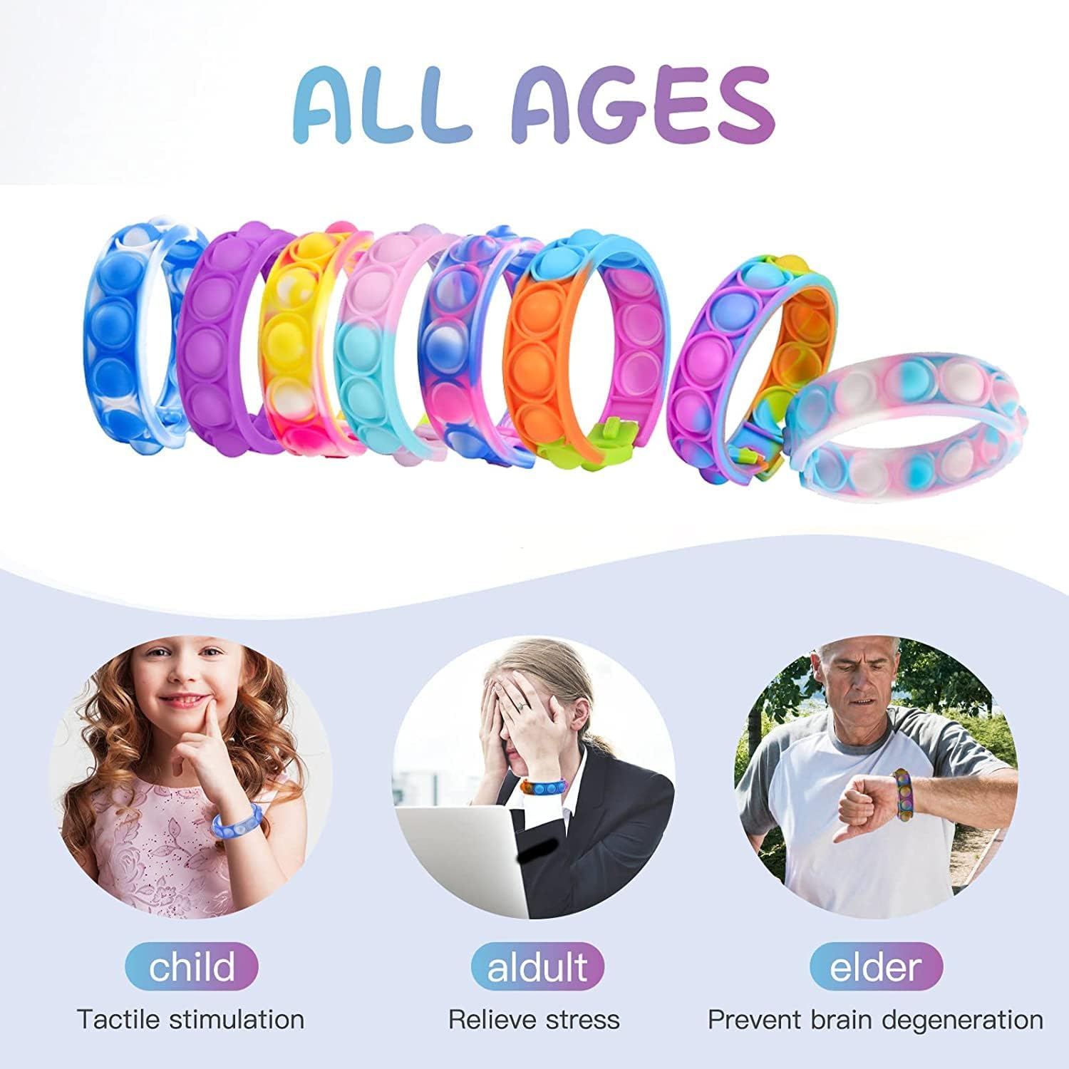 100Pcs Pop Bracelet Fidget Toys Pack for Kids and Adults