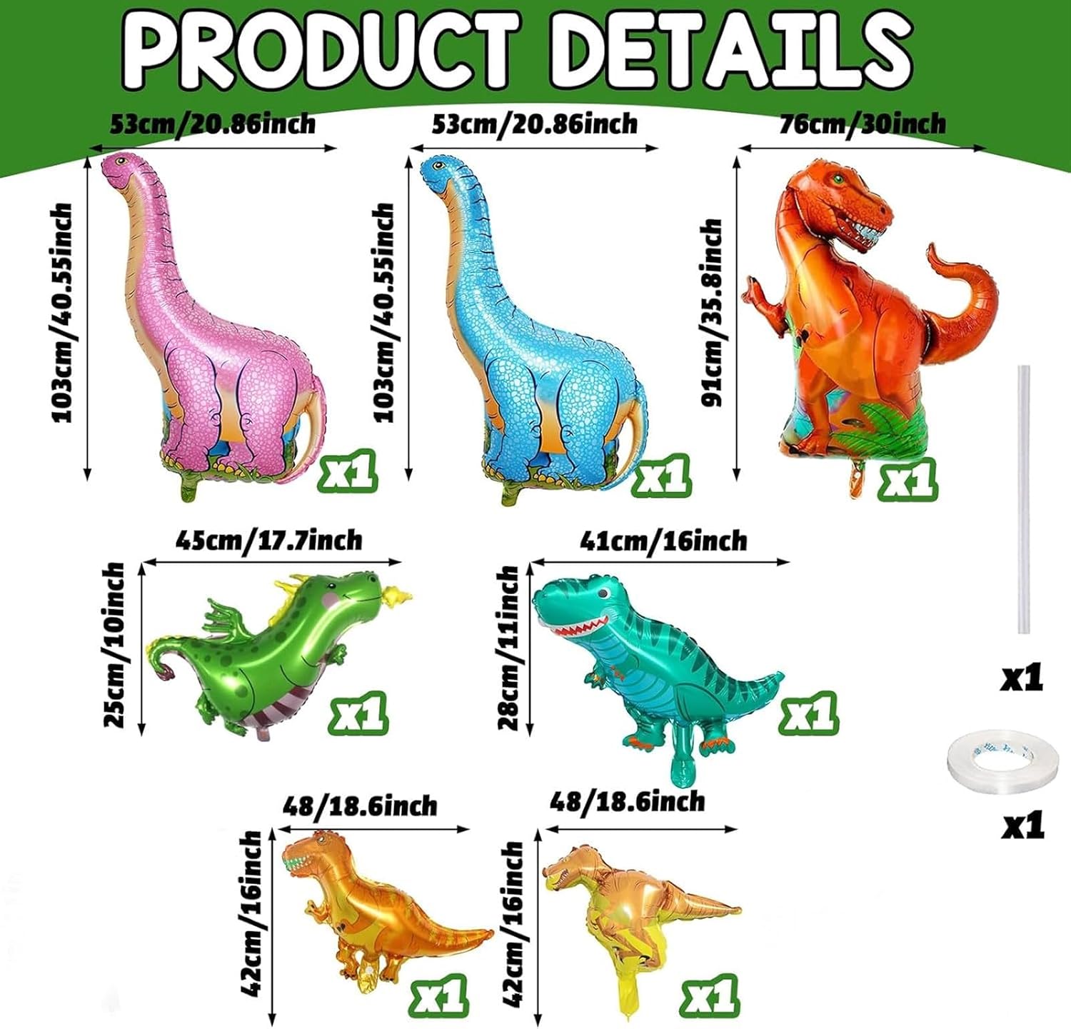 Dinosaur Foil Balloons Set 7 Pieces for Kids Party