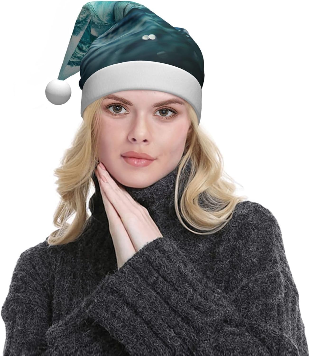 Ocean Green Wave Surf Print Christmas Santa Hat Plush Funny Adult Headwear