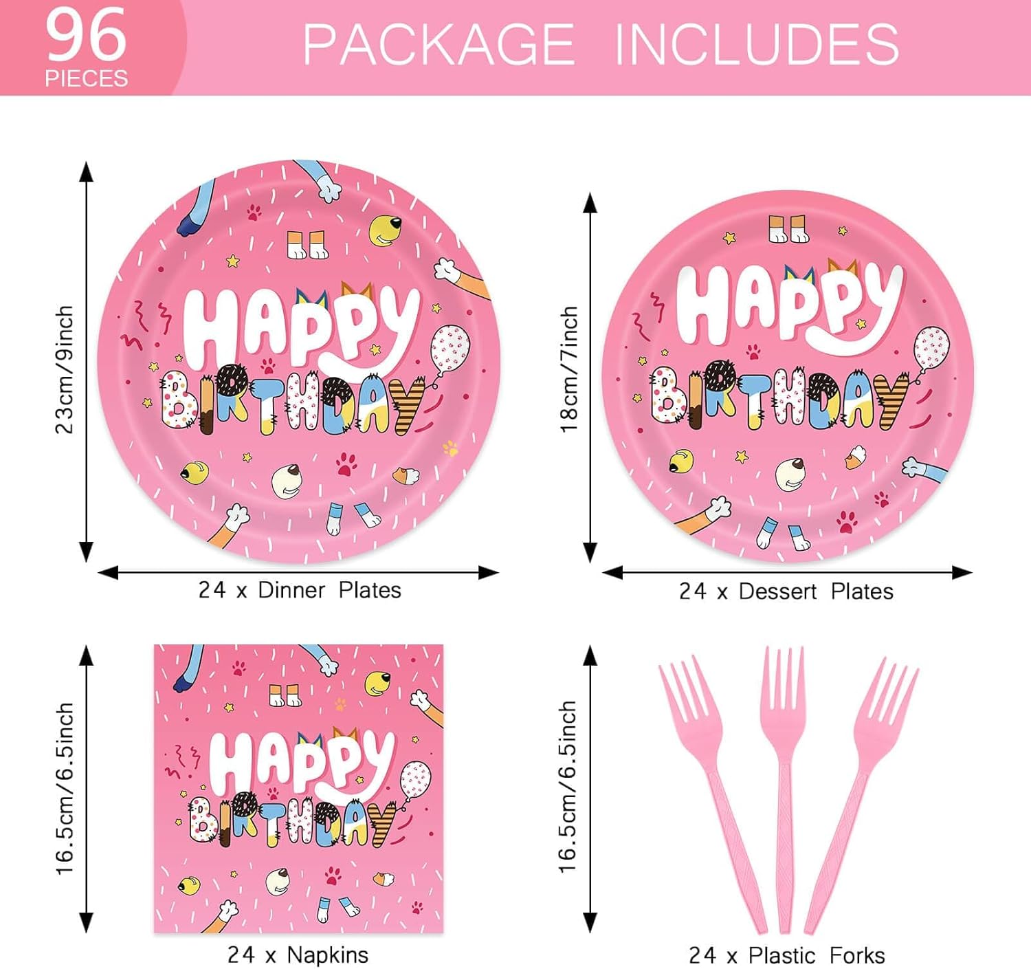96Pcs Cartoon Pink Dog Party Tableware Set for 24 Guests