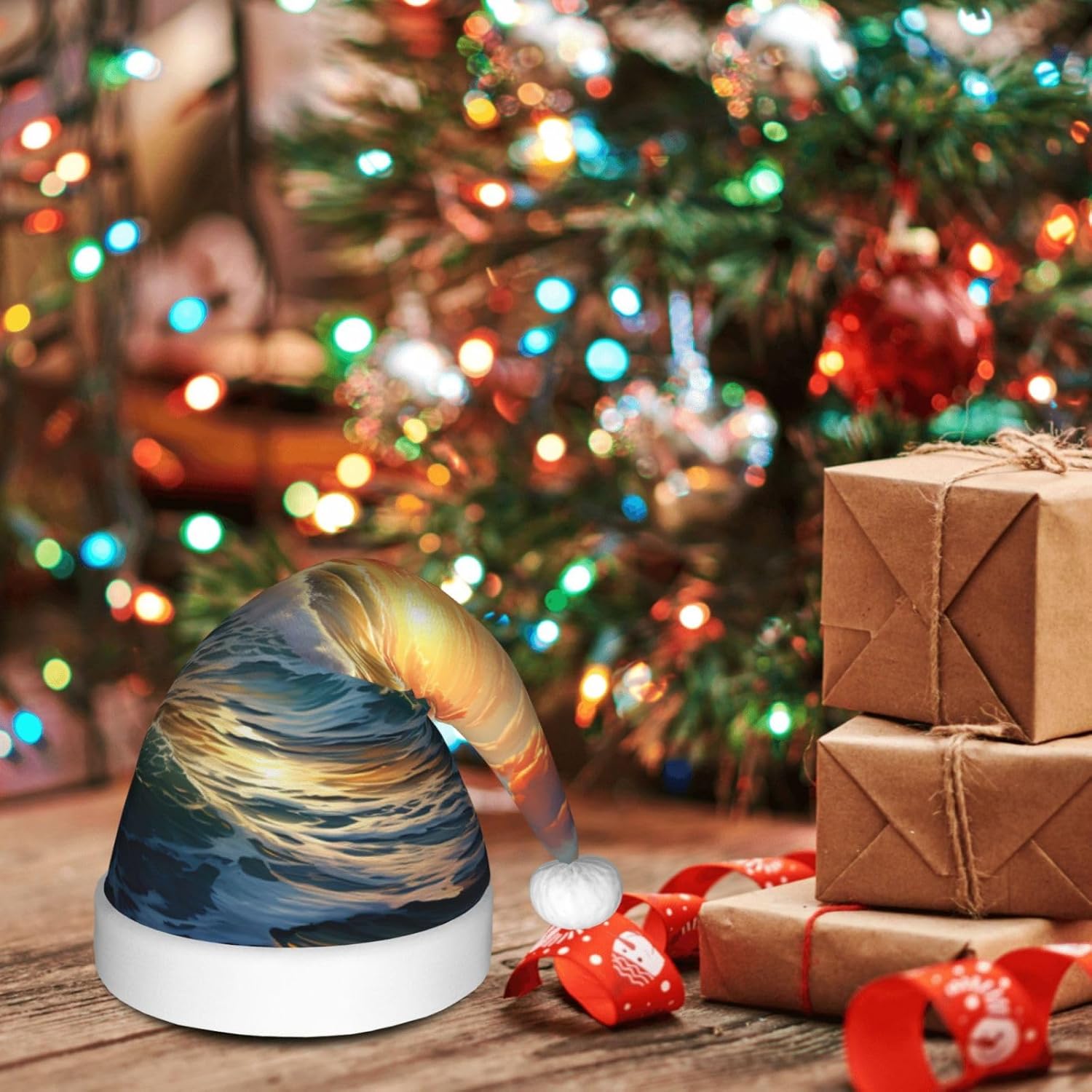 Ocean Sunset Print Christmas Santa Hat Plush Funny Adult Headwear