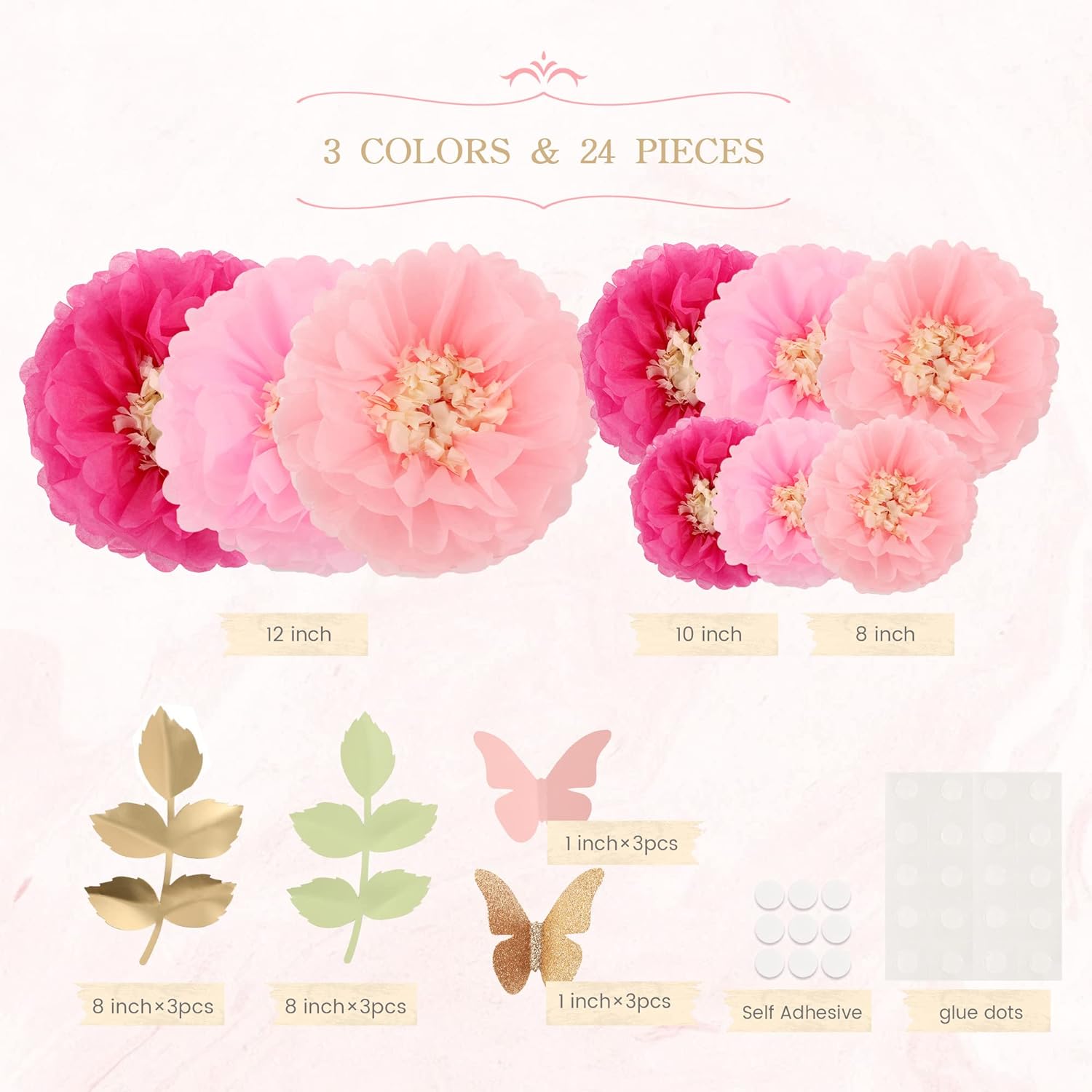 Fonder Mols Tissue Pom Poms Flowers Set of 21 Rose Pink
