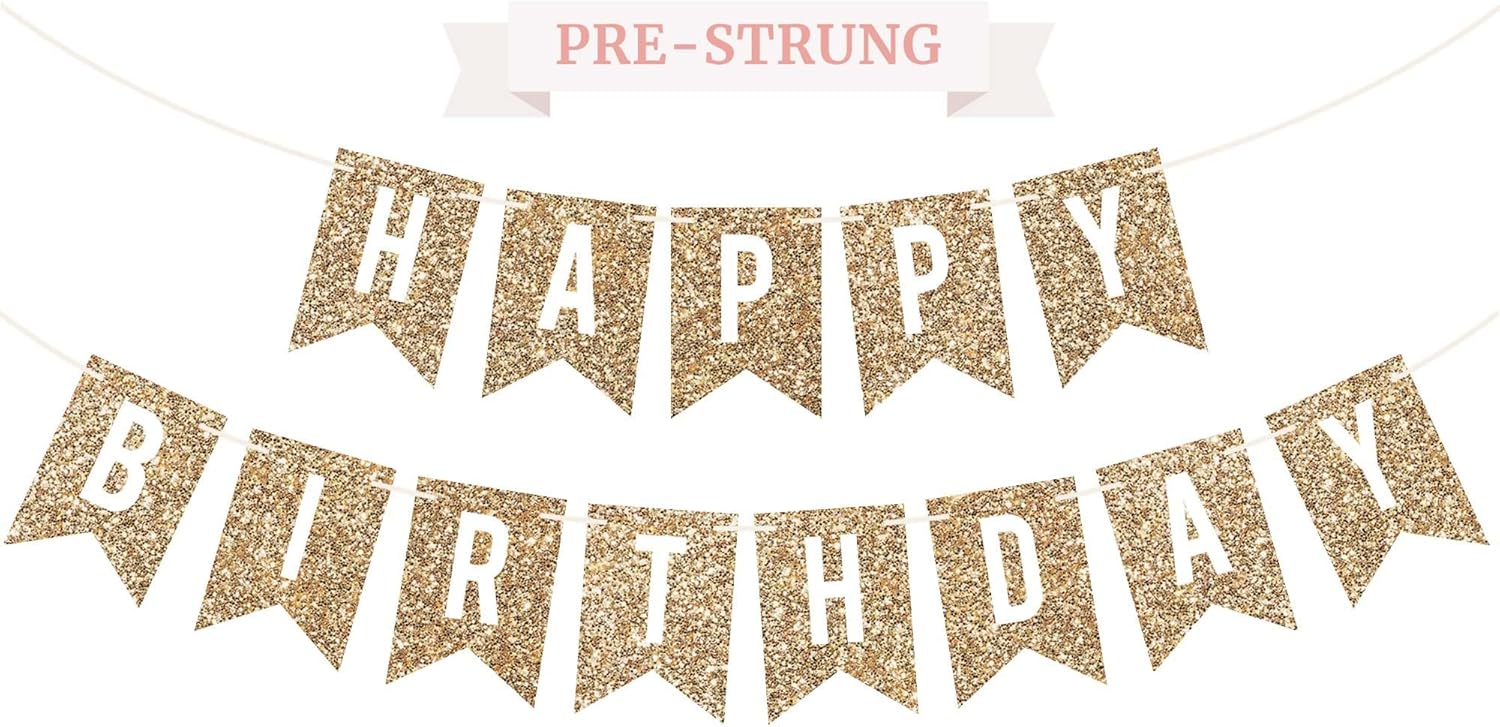 Pre-Strung Gold Glitter Happy Birthday Banner