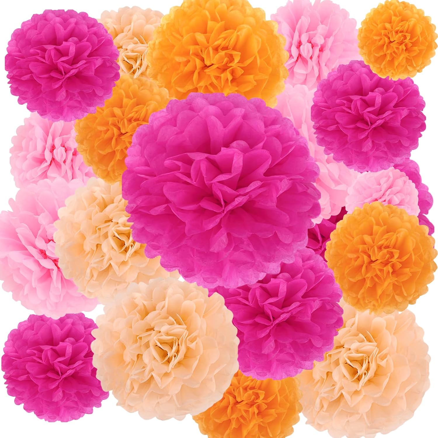 BestoFun 16 PCS Hot Pink Orange Party Decorations Pom Poms