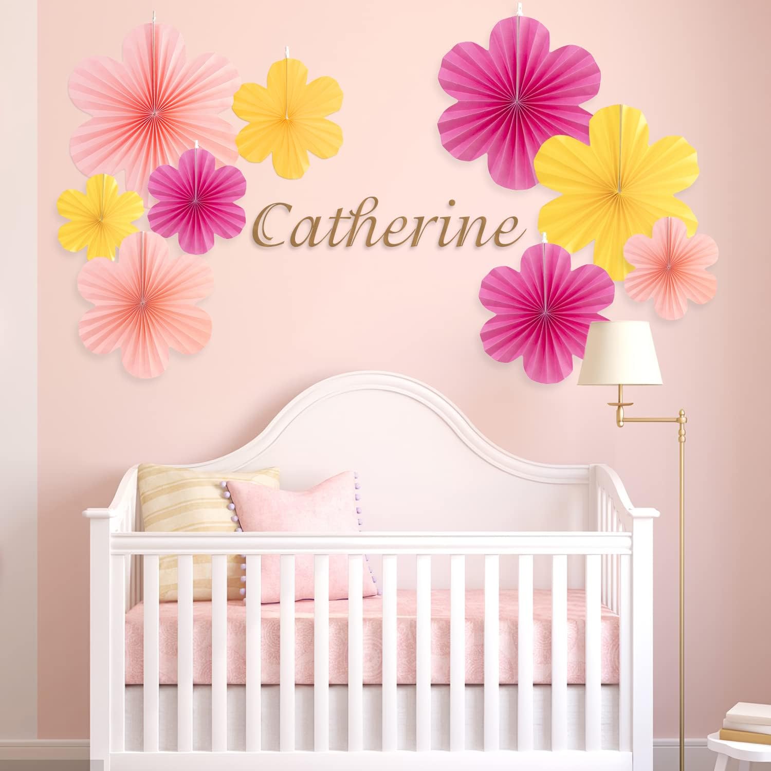 Pink Yellow Hanging Paper Flower Fans Decor Set