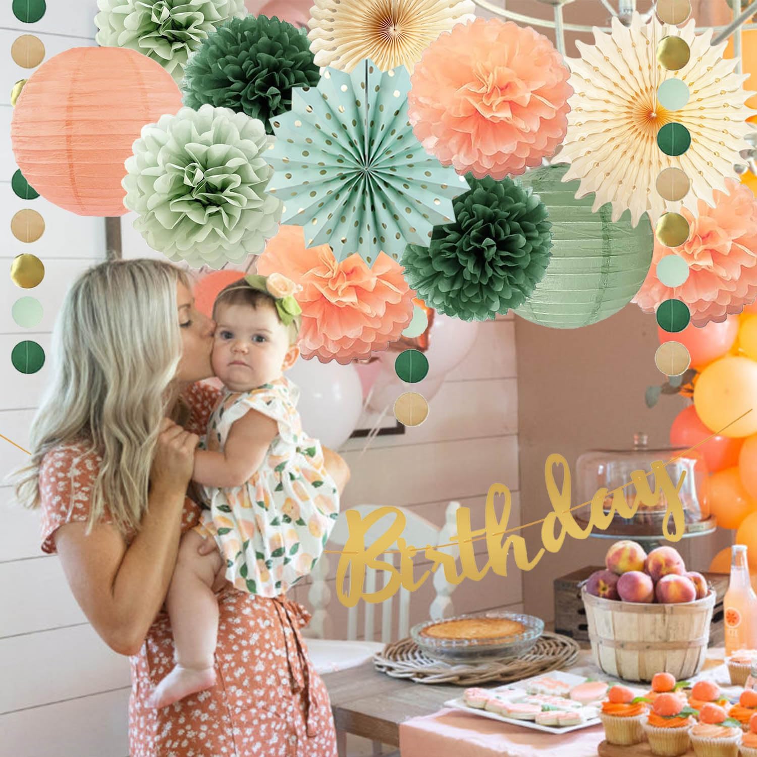 Sage Green and Peach Birthday Decorations Set