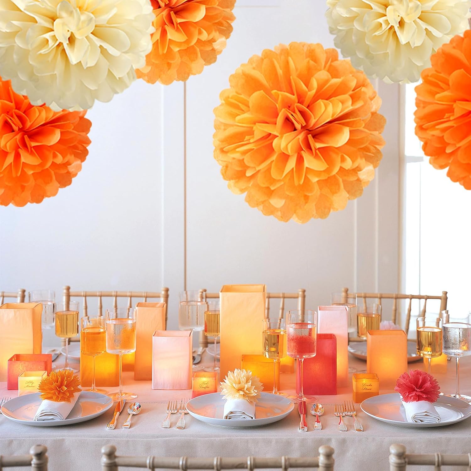 Orange Beige Fall Tissue Pom Poms Streamers Set