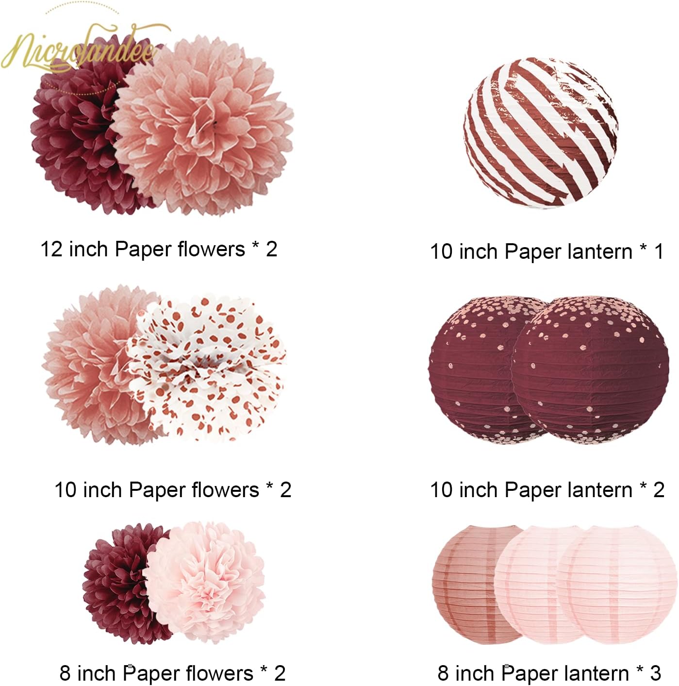 NICROLANDEE Burgundy Party Decor 12PCS Tissue Pom Poms and Lanterns