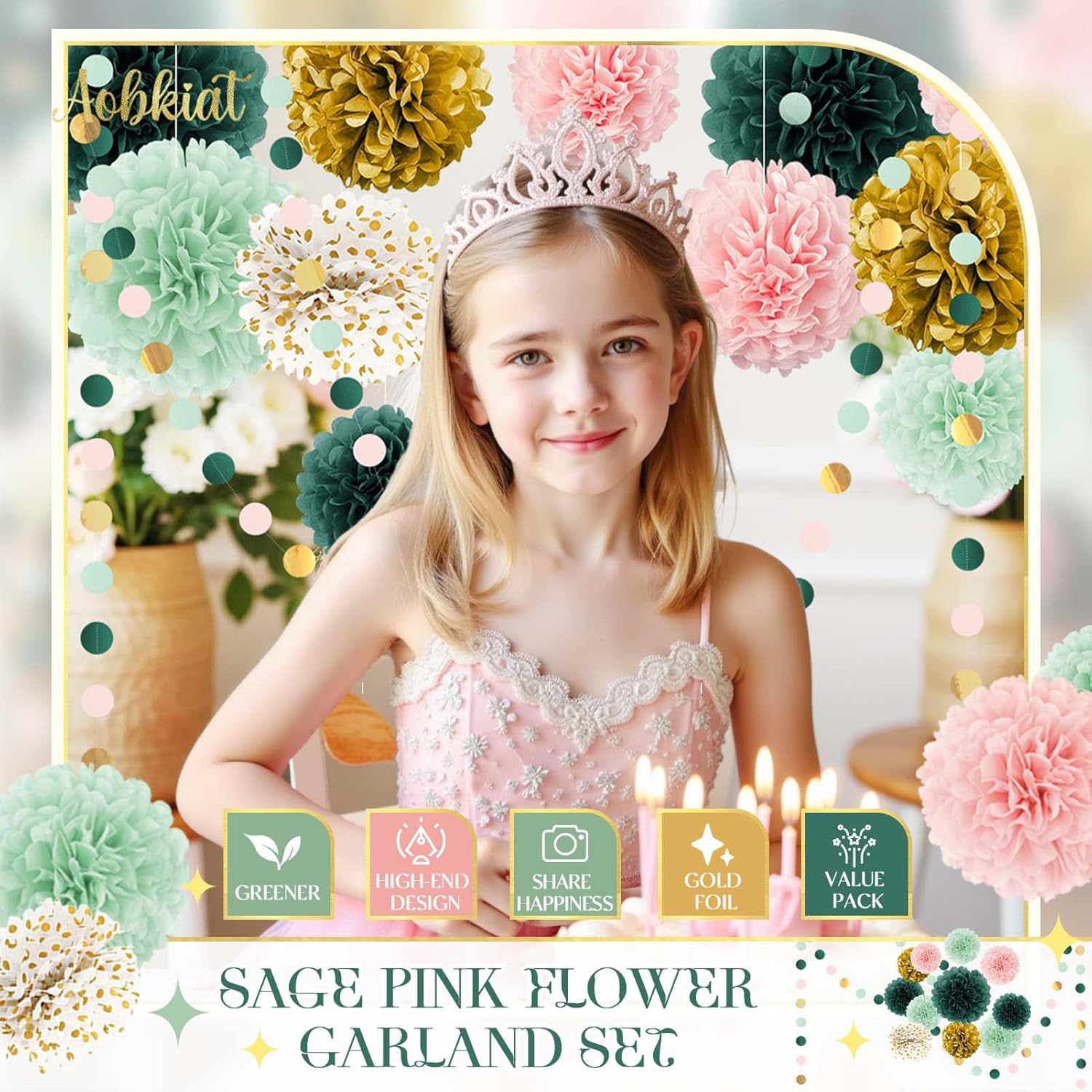 AOBKIAT 15PCS Tissue Paper Pom Poms Garland Decor Set