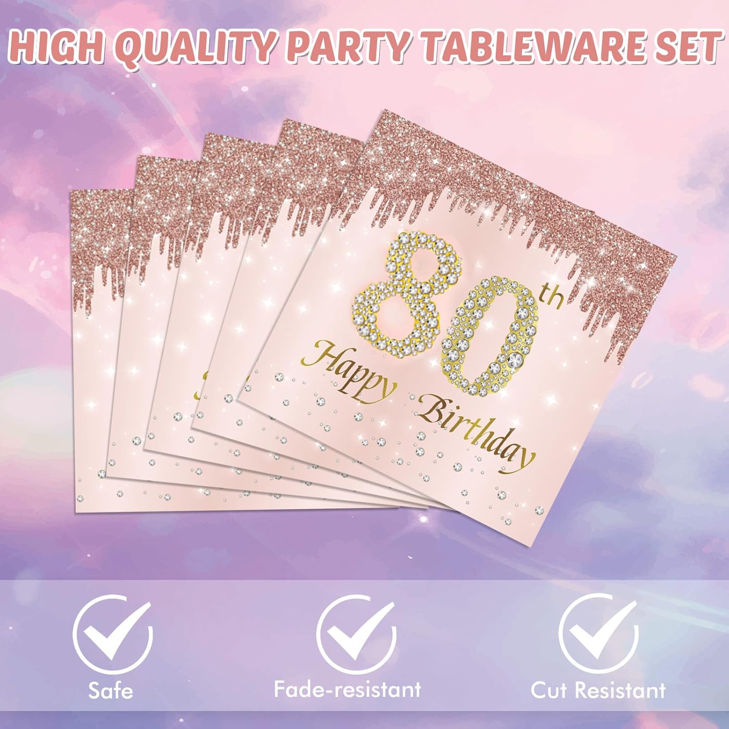 KHAIVI 40PCS Rose Gold 80th Birthday Tableware Set