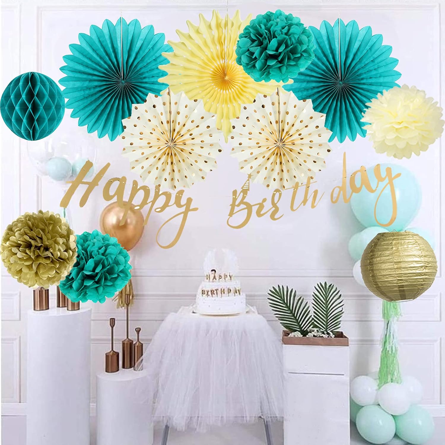 SUNBEAUTY Teal Gold Birthday Decor Set