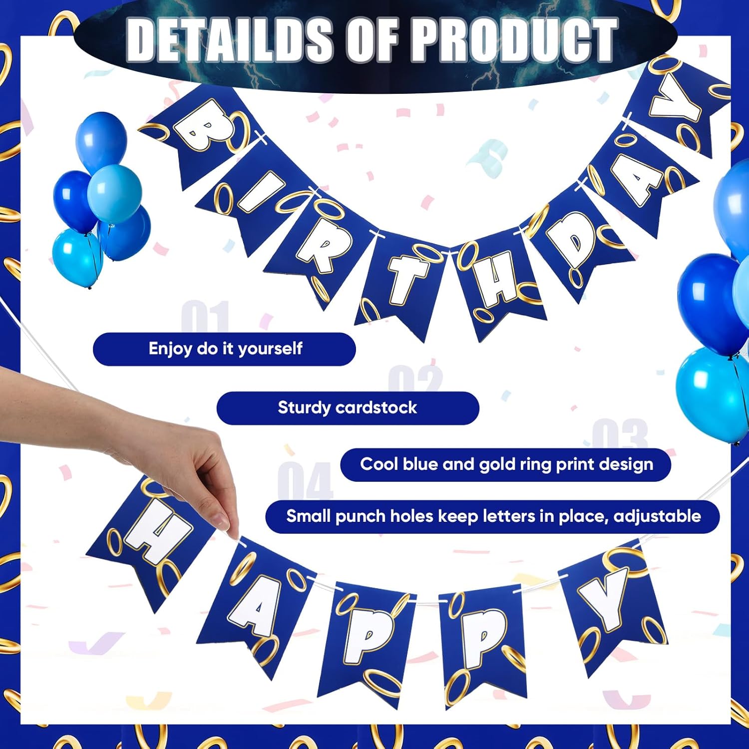 Blue Golden Birthday Party Decorations Banner