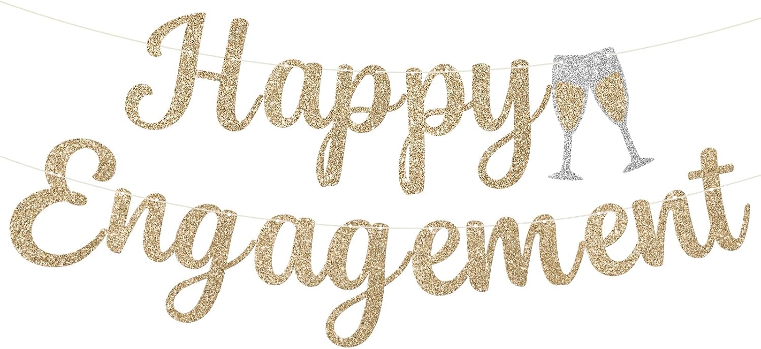 Pre-Strung Happy Engagement Banner - Gold Glitter Wedding Decor