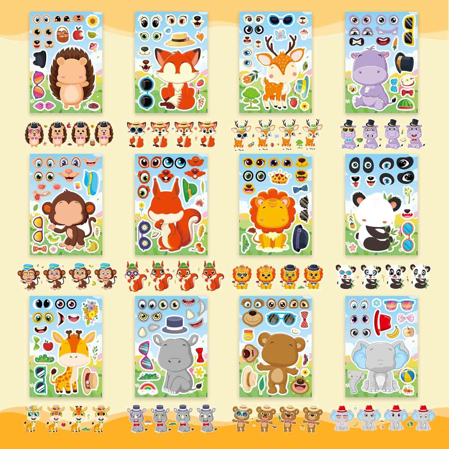 24 Sheet Face Stickers with 12 Animal Designs for Kids