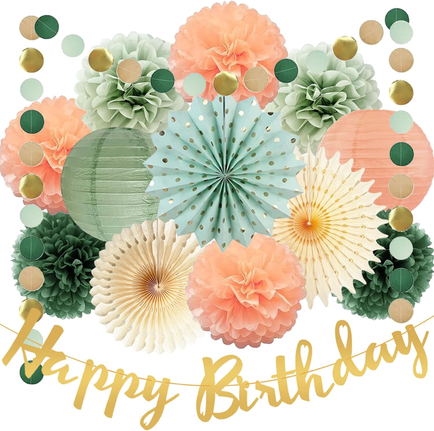 Sage Green and Peach Birthday Decorations Set