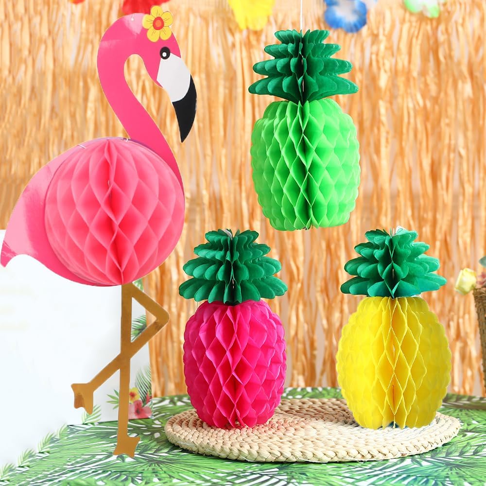 Hawaiian Tropical Party Decor Set with Pom Poms and Fans