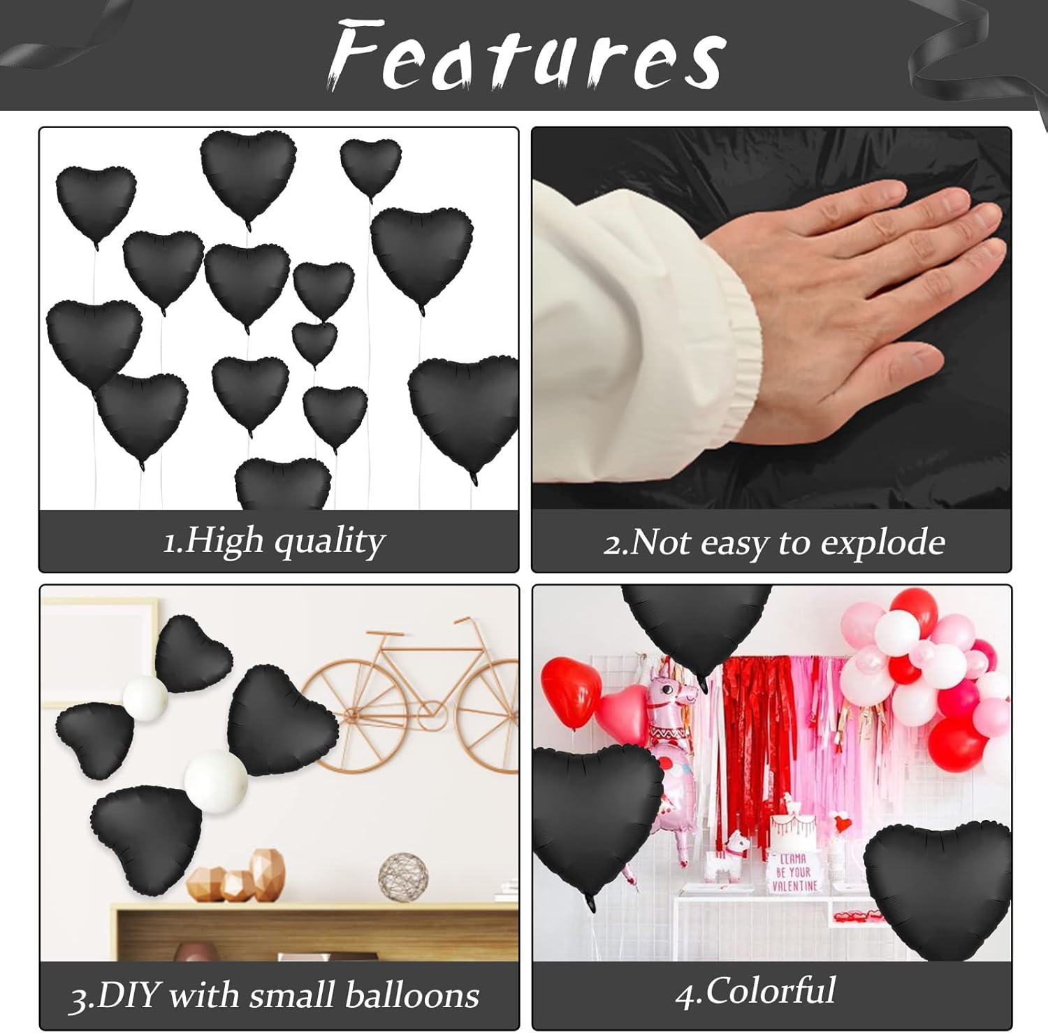 Black Foil Heart Balloons - 10x18 Inch for Valentines Day Wedding Birthday