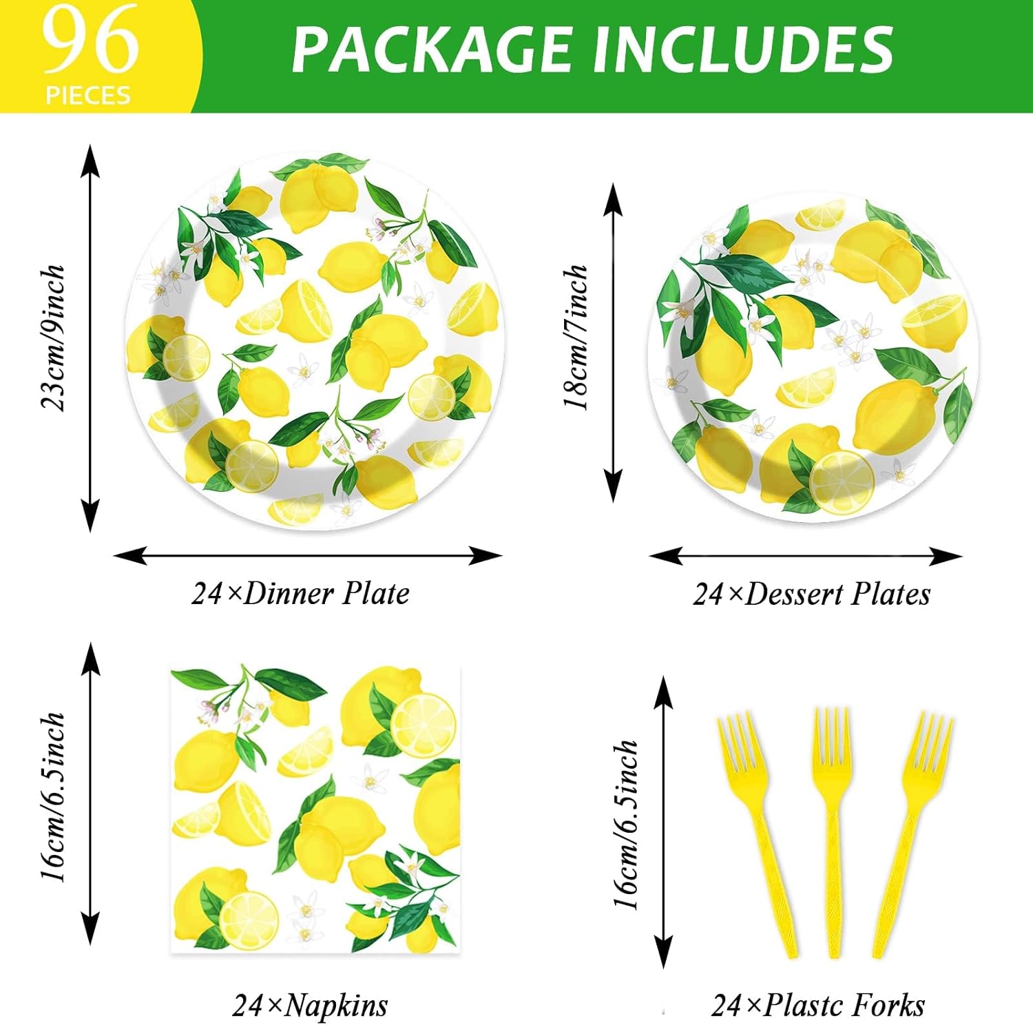 Wiooffen 96 Pcs Lemon Party Tableware Set