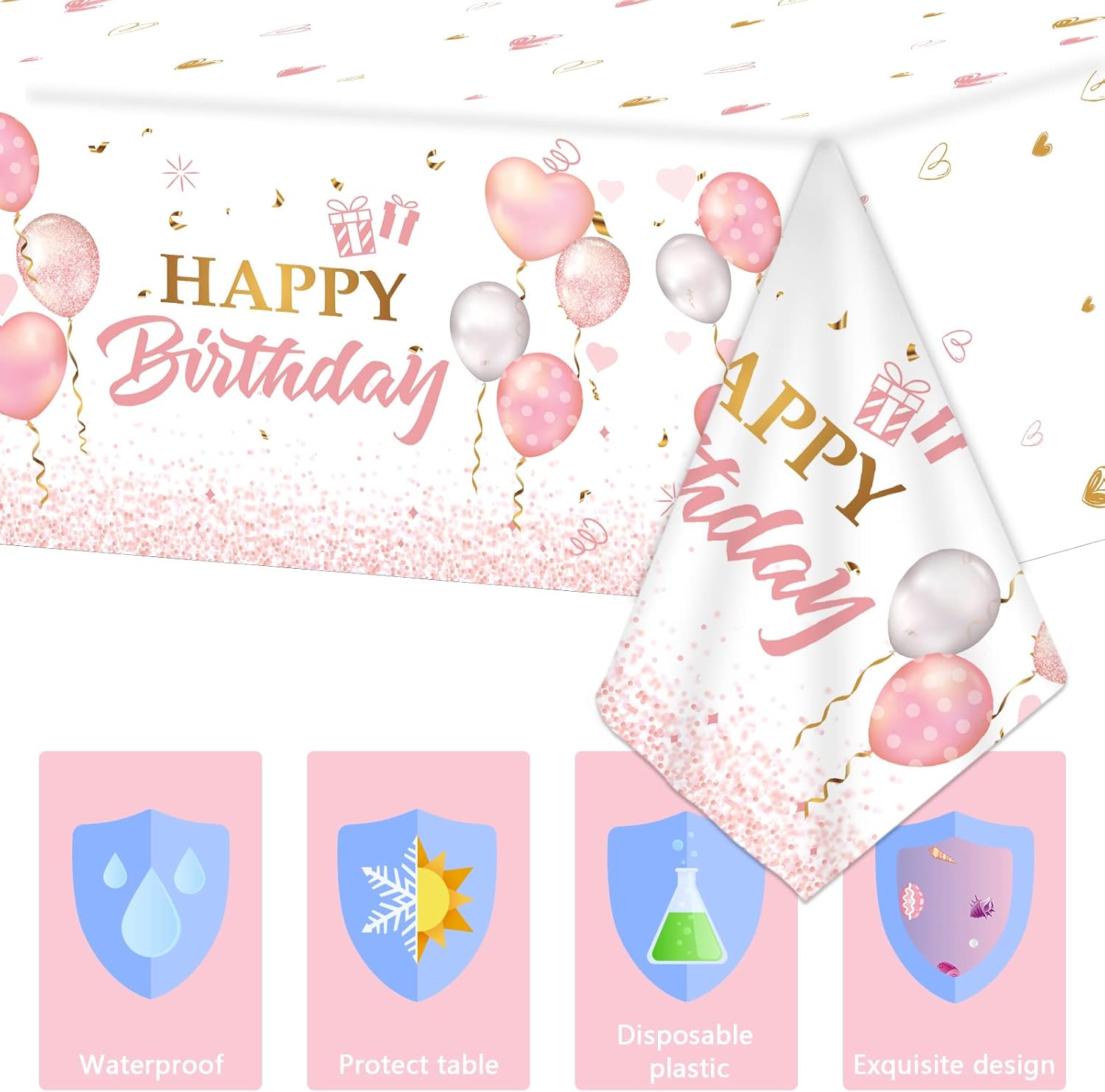 3 Pieces Pink Rose Gold Tablecloth for Birthday Parties