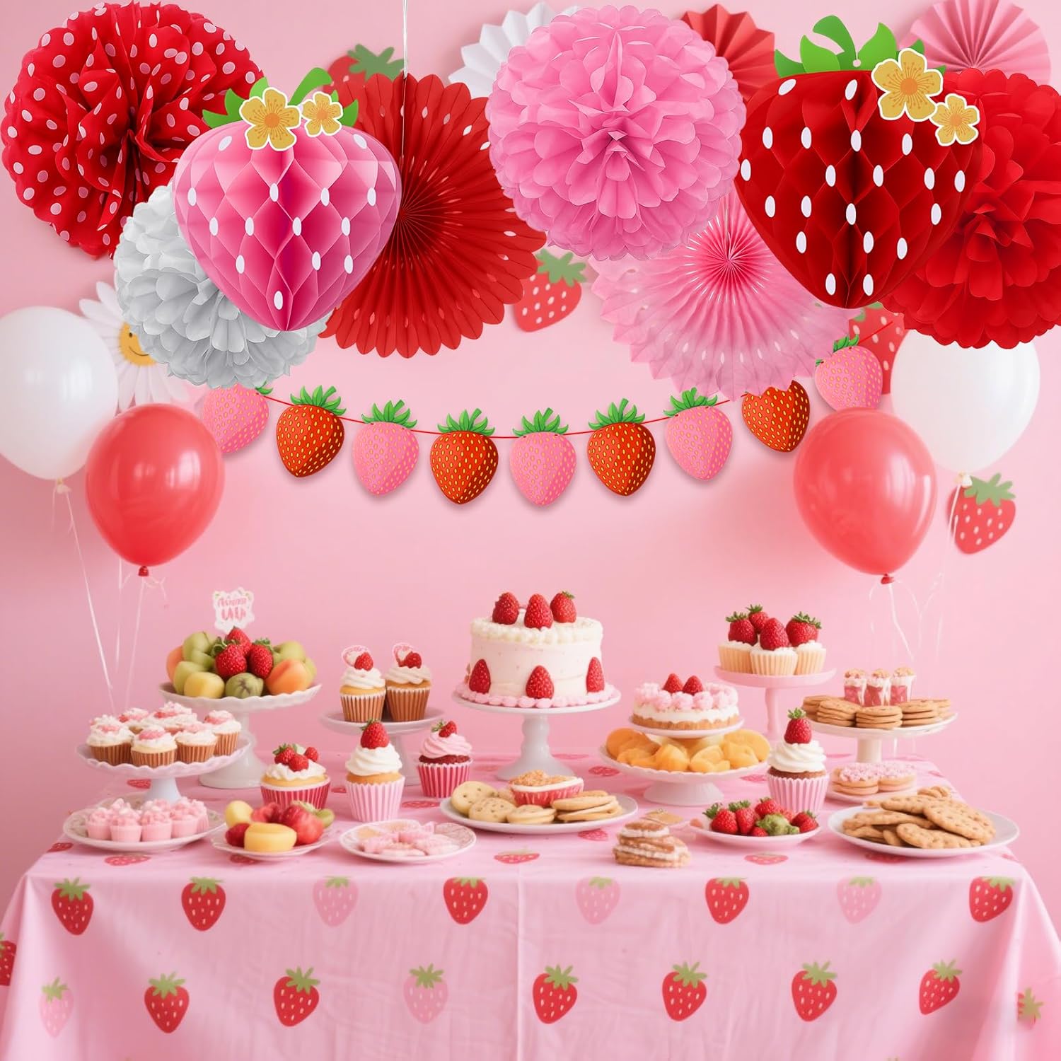 15 Pcs Strawberry Paper Fan Tissue Pom Poms Party Decorations