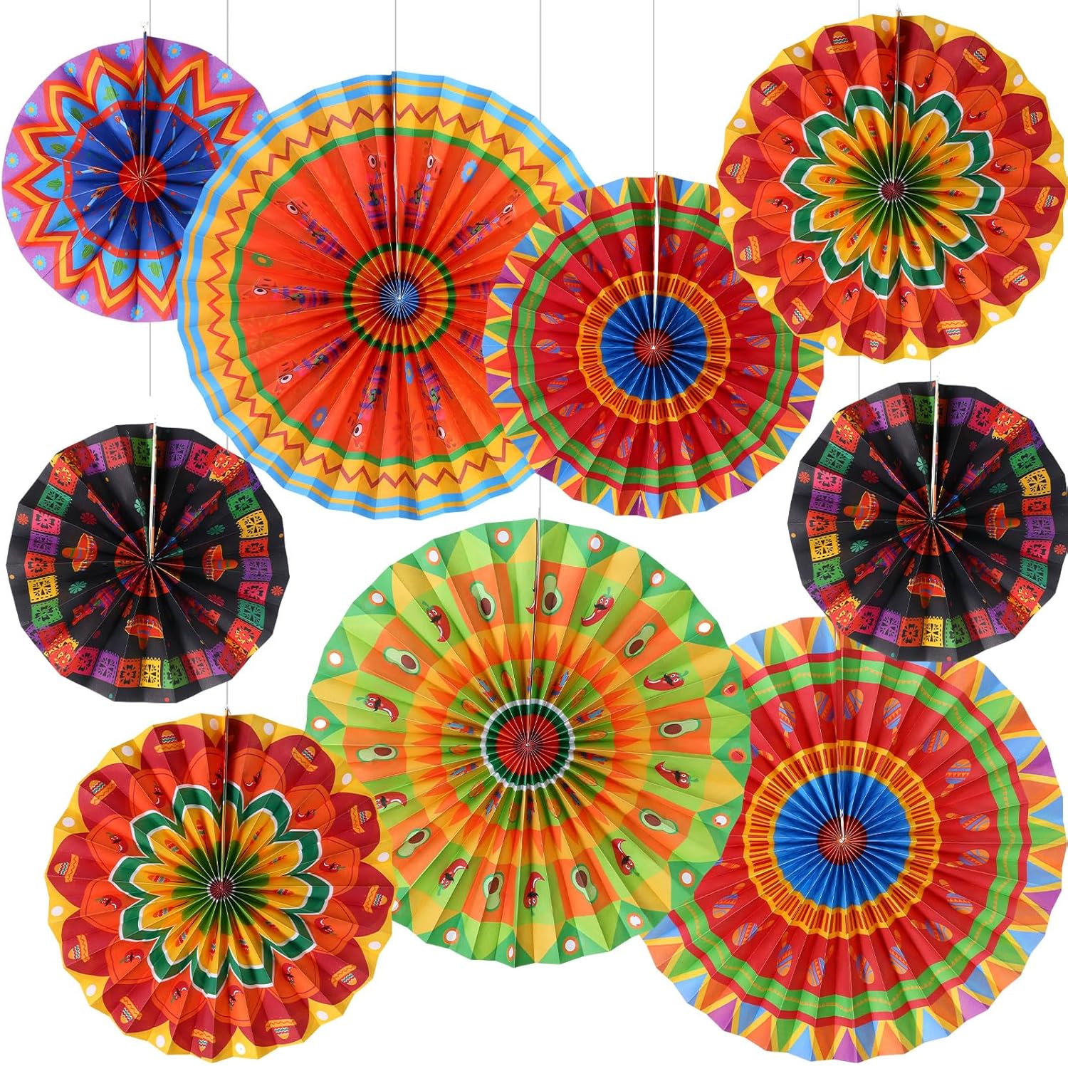 Outus 9 Pcs Mexican Fiesta Hanging Paper Fans Decorations