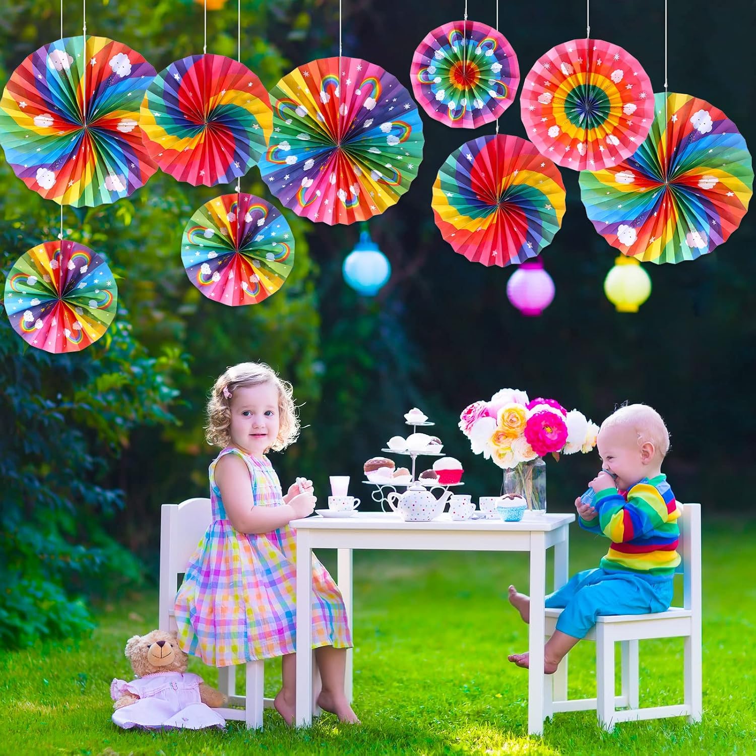 Outus 9 Pcs Rainbow Party Decor Paper Fans