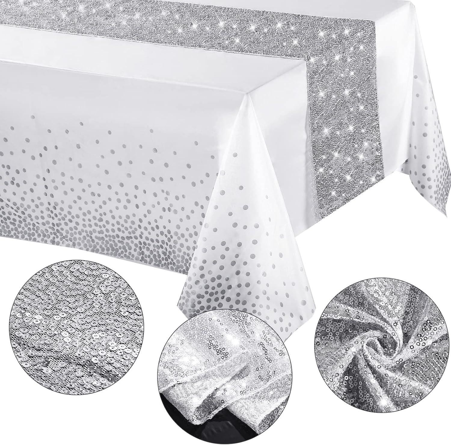 Irenare Tablecloth and Sequin Table Runner Set with Polka Dots and Glitter