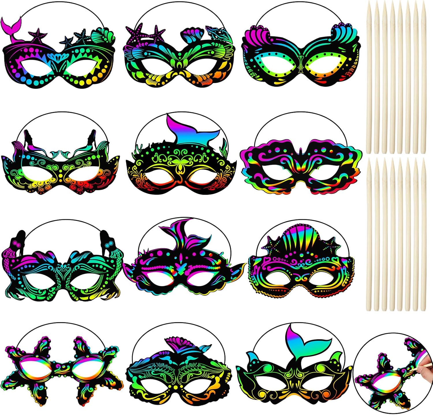 Realspring 60 Pcs Themed Scratch Paper Mask DIY Craft Kit