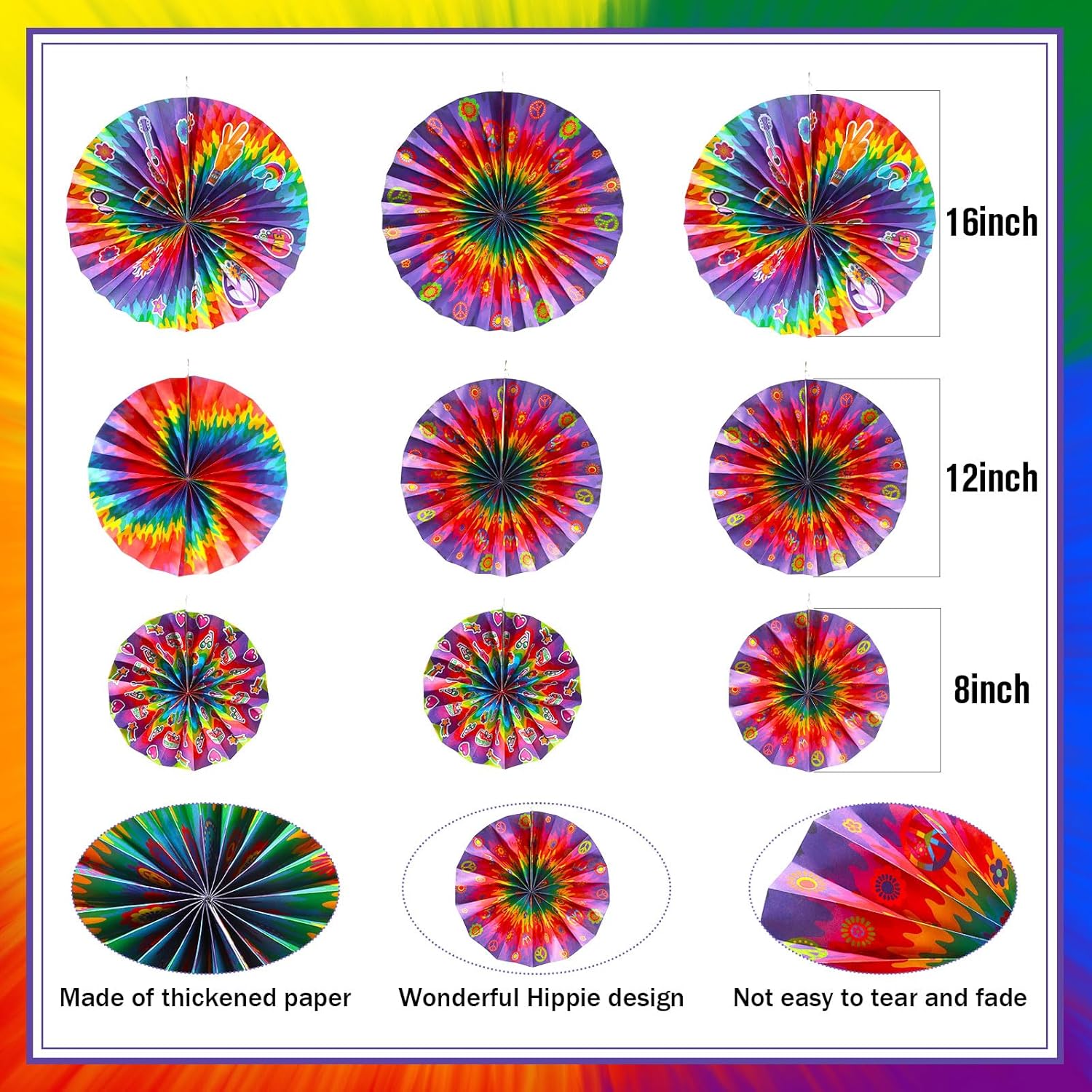 Outus 9 Pcs Tie Dye Party Fans Decorations