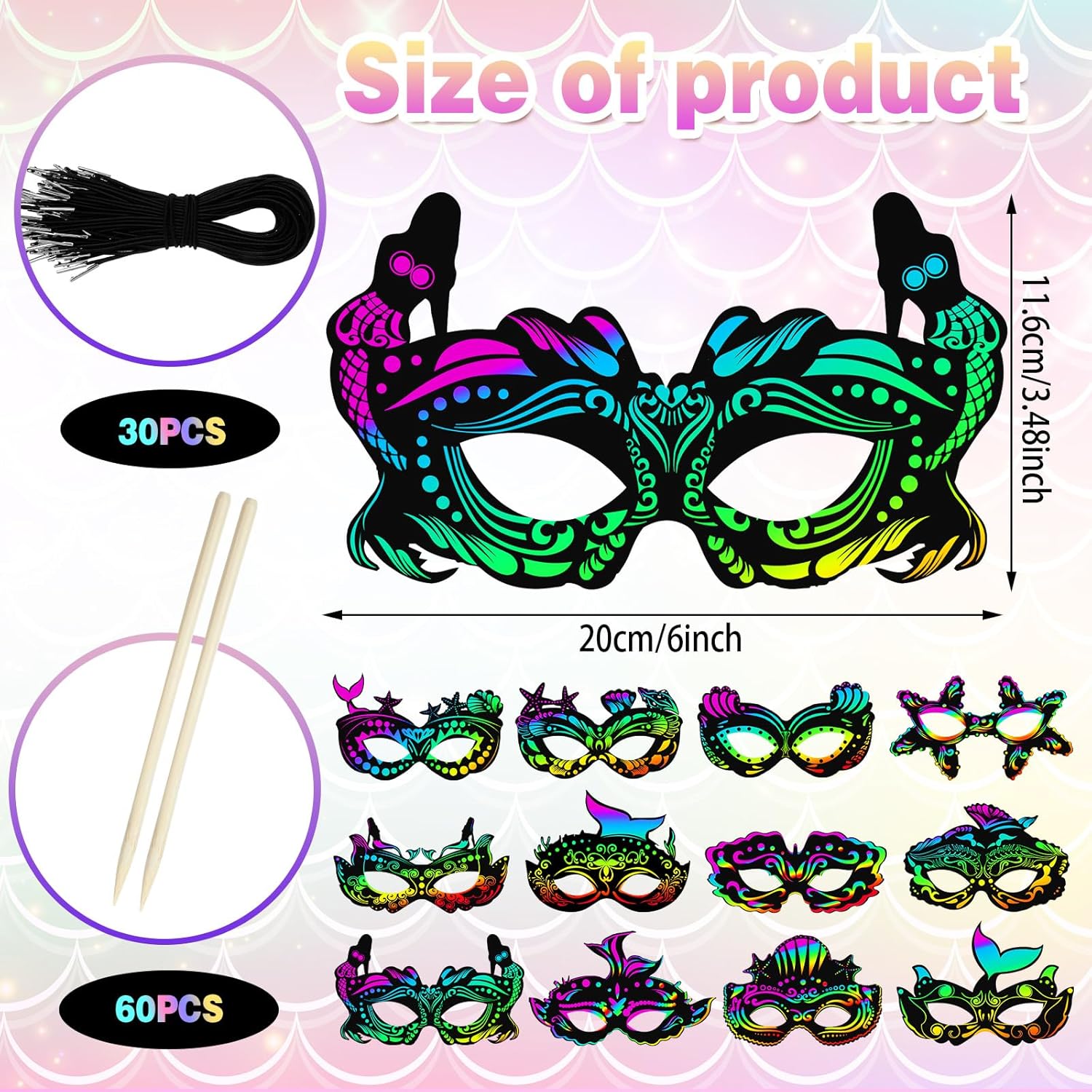 Realspring 60 Pcs Themed Scratch Paper Mask DIY Craft Kit