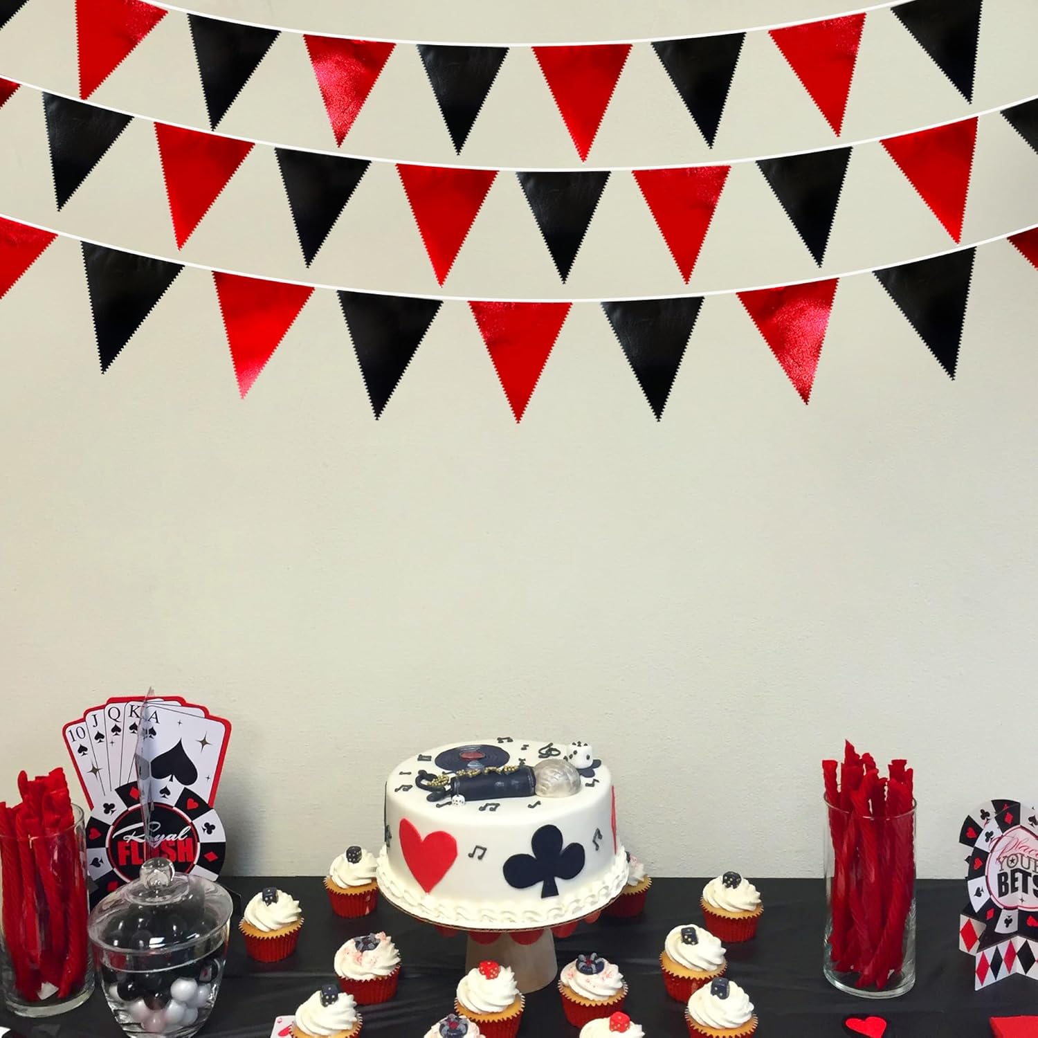 Red Black Metallic Fabric Triangle Pennant Banner Flag Bunting Garland