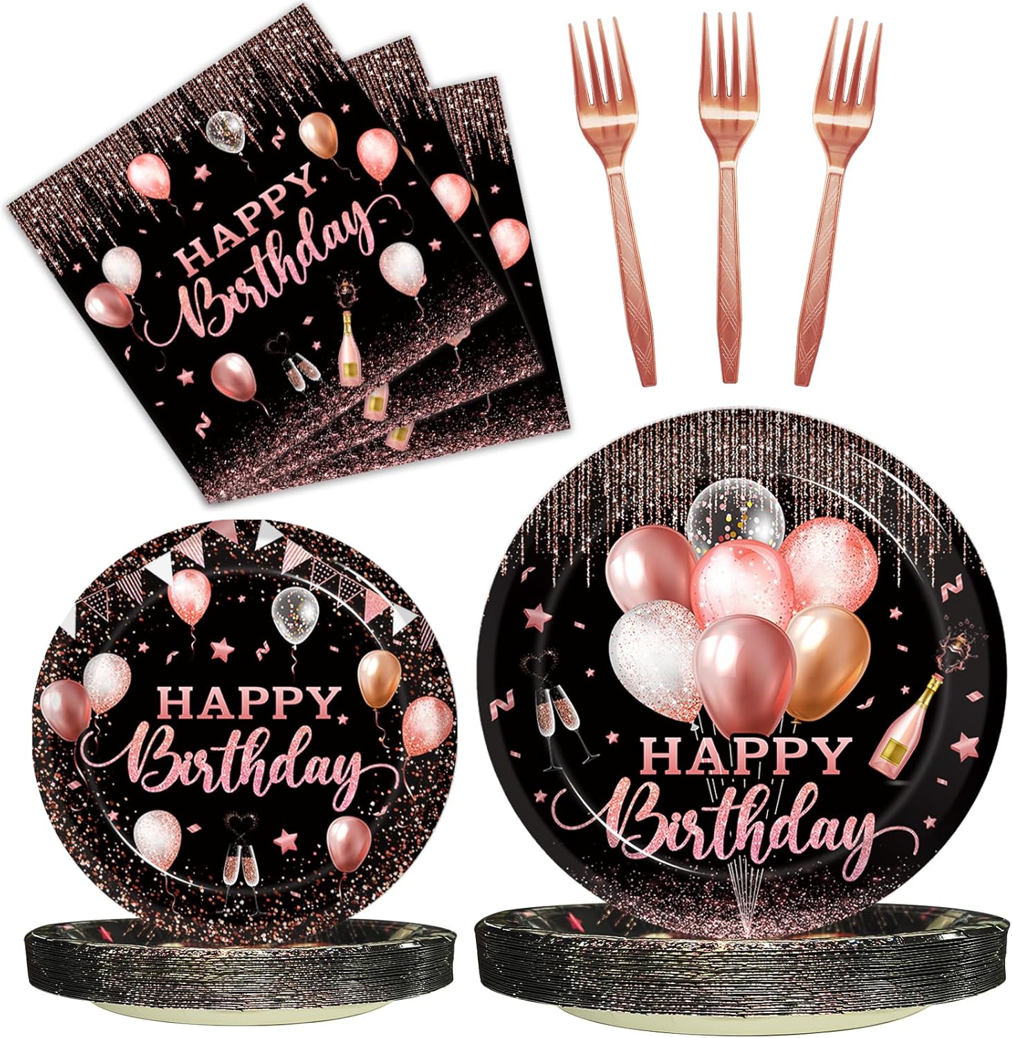 96 Pcs Rose Gold Birthday Plates Napkins Set for 24 Guests