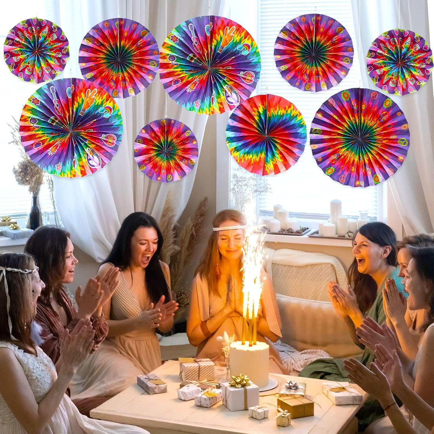 Outus 9 Pcs Tie Dye Party Fans Decorations