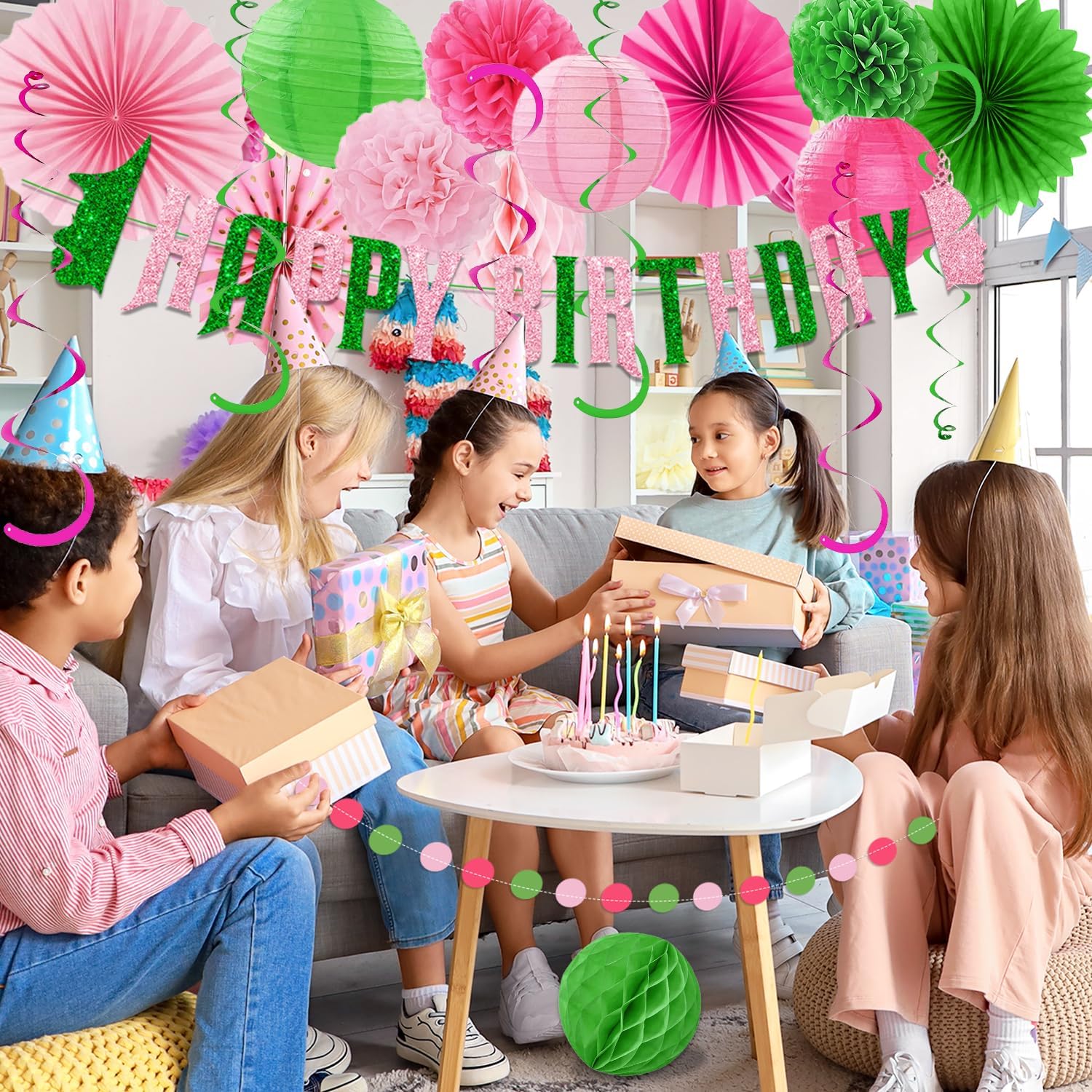 Pink Green Birthday Decorations Set Banner Pom Poms Fans Lanterns