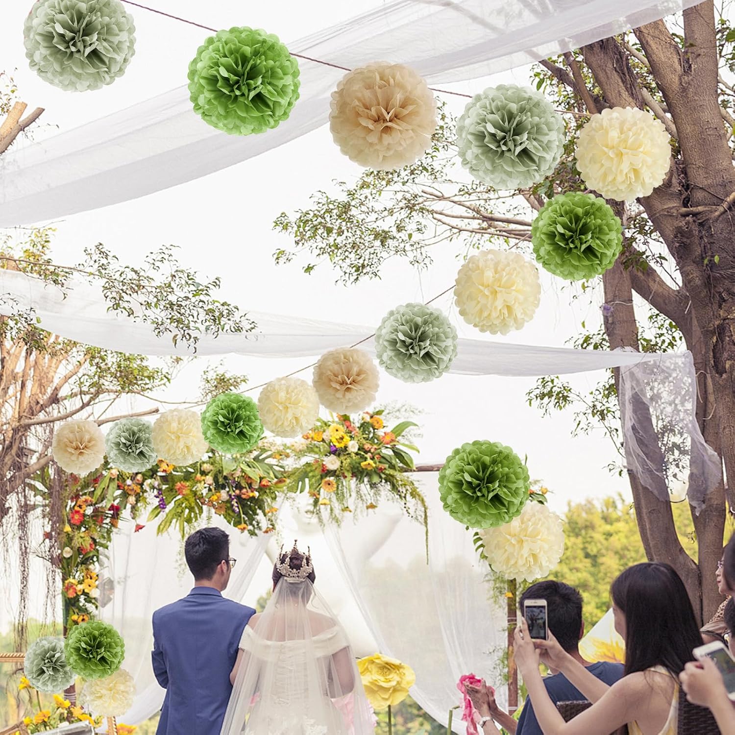 Sage Green Tissue Paper Pom Poms 15PCS Decor Set