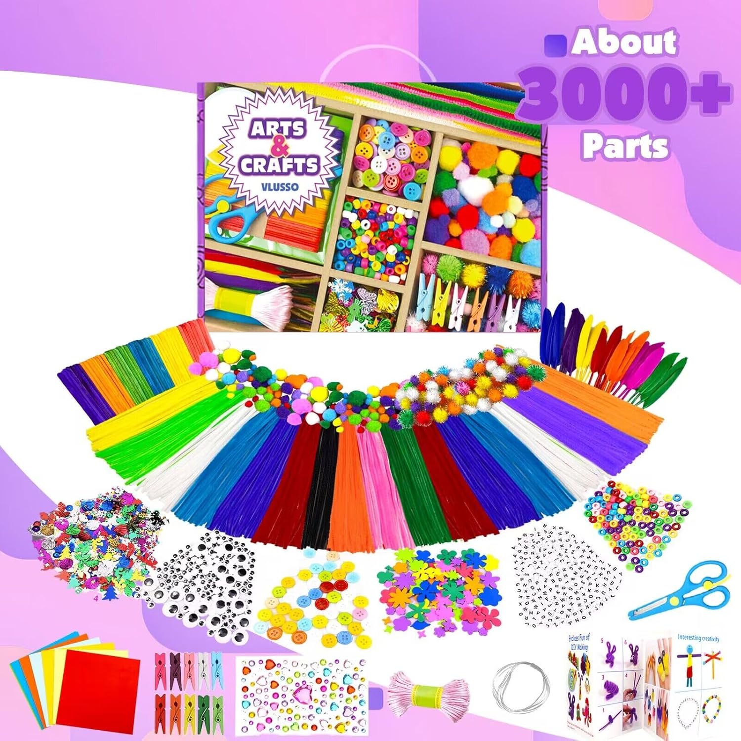 VLUSSO 3000Pcs Arts and Crafts Kit for Kids Ages 4-12