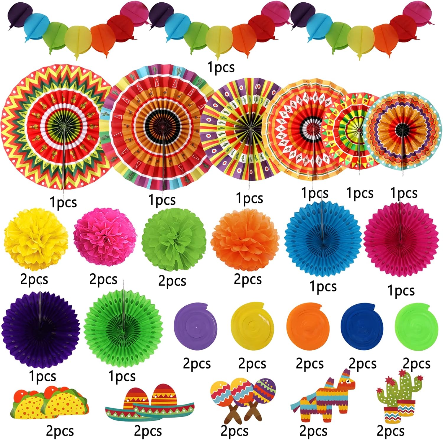 ZERODECO Fiesta Party Decor Kit with Fans Pom Poms Garland