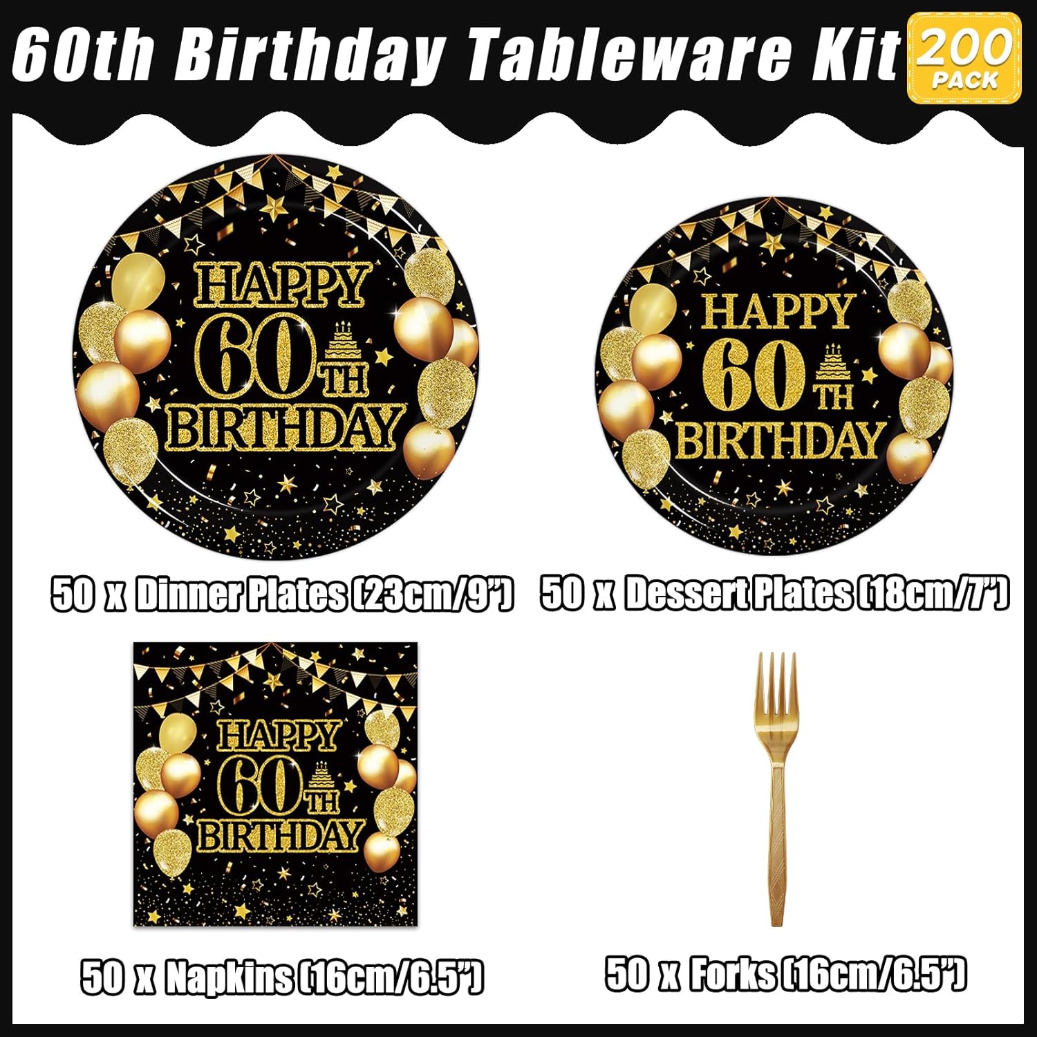 200Pcs 60th Birthday Tableware Set for 50 Guests