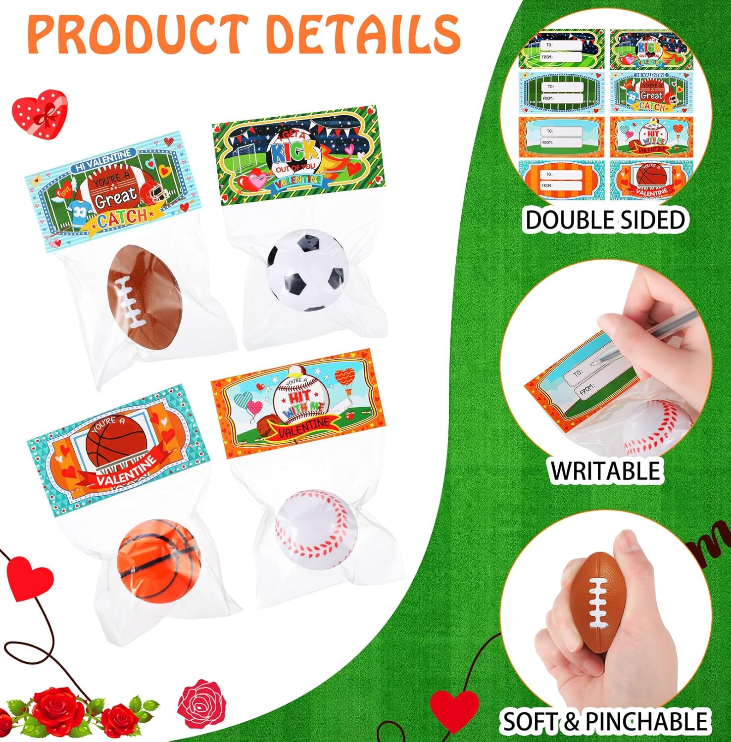 Zhanmai Valentine Sports Stress Balls with Cards 48 Pcs