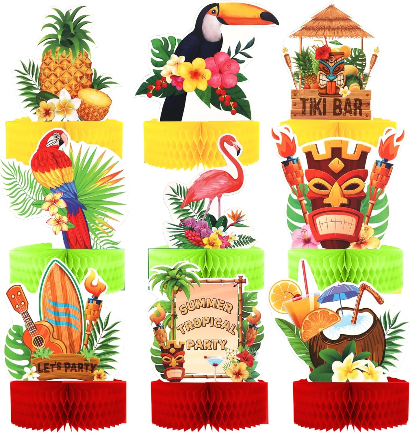 9PCS Tropical Party Honeycomb Table Centerpieces for Hawaiian Luau Events
